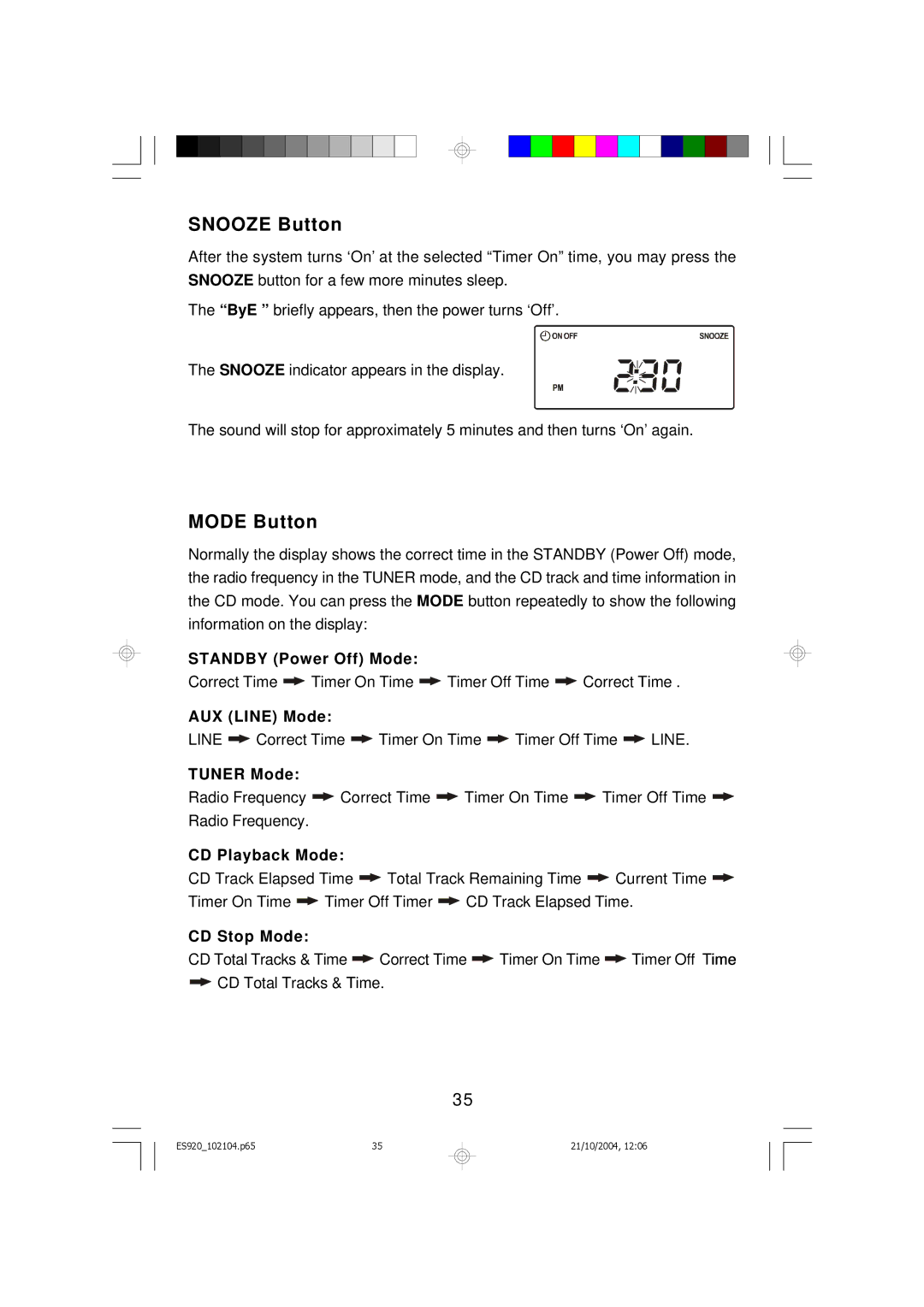 Emerson ES920 owner manual Snooze Button, Mode Button 