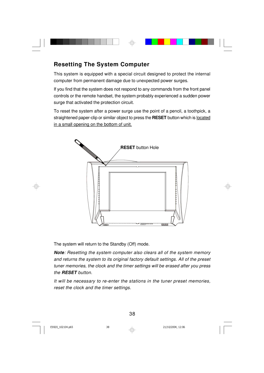 Emerson ES920 owner manual Resetting The System Computer 