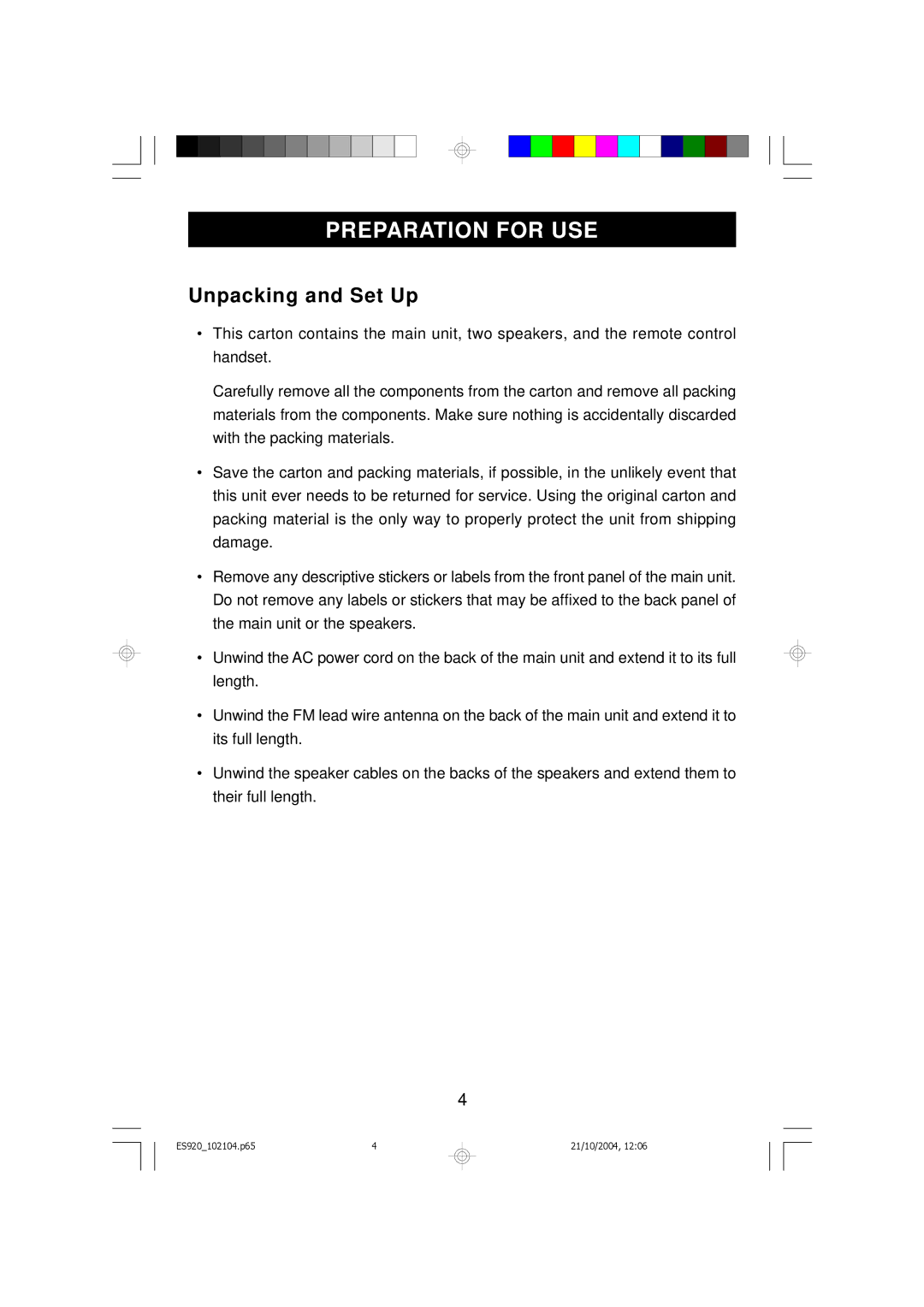 Emerson ES920 owner manual Preparation for USE, Unpacking and Set Up 