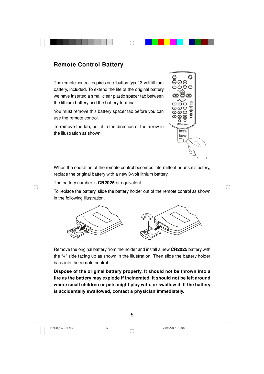 Emerson ES920 owner manual Remote Control Battery 