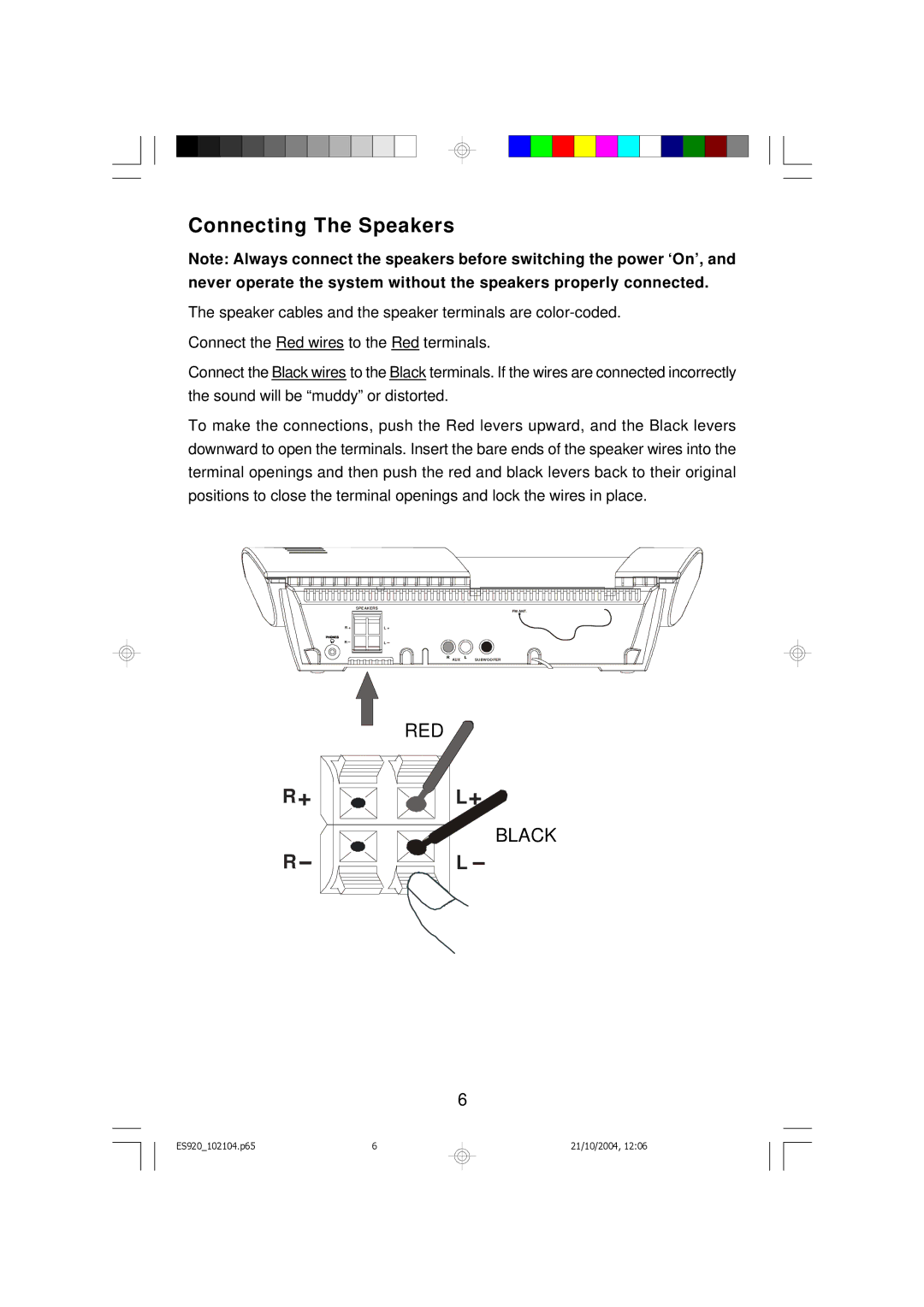 Emerson ES920 owner manual Connecting The Speakers 