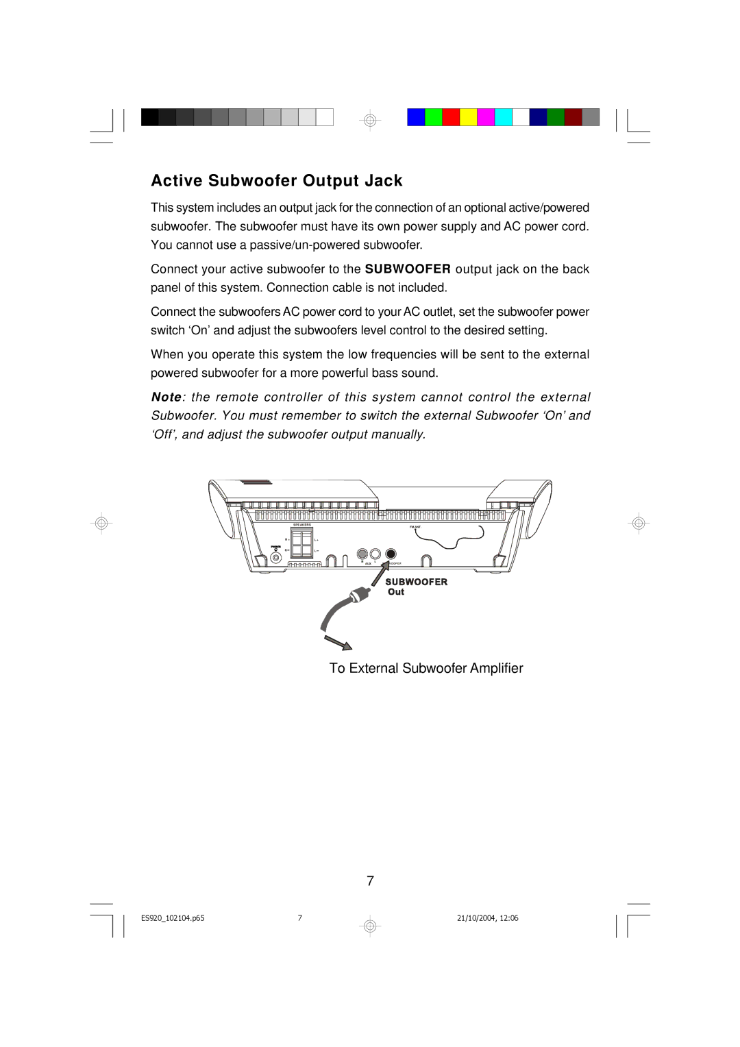 Emerson ES920 owner manual Active Subwoofer Output Jack 