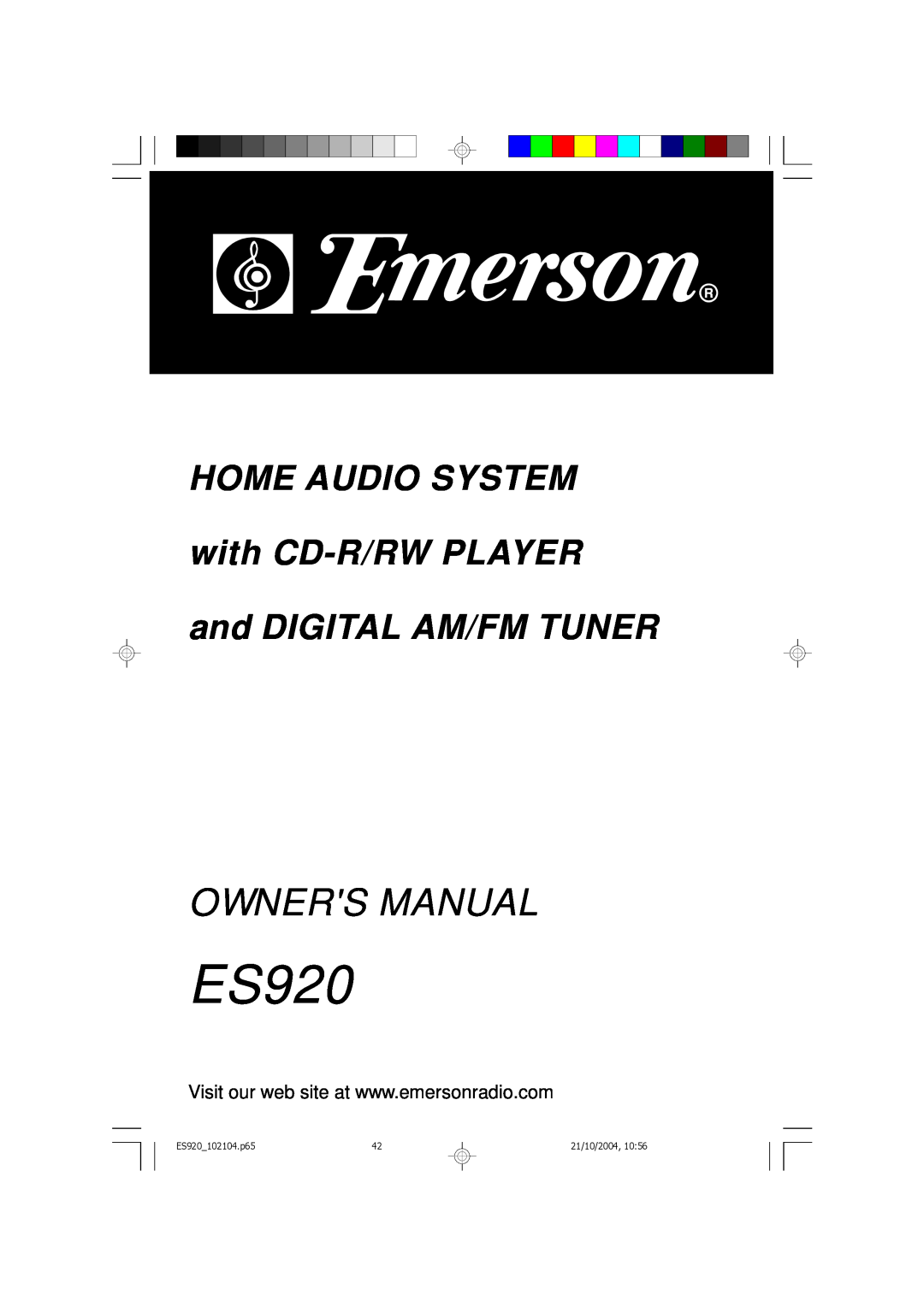 Emerson owner manual HOME AUDIO SYSTEM with CD-R/RWPLAYER, and DIGITAL AM/FM TUNER, ES920 102104.p65, 21/10/2004 