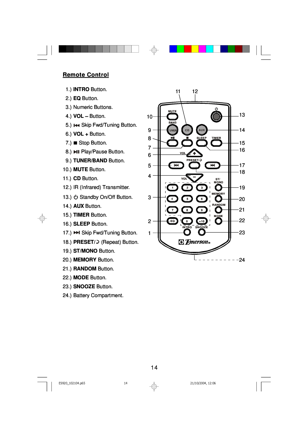 Emerson ES920 owner manual Remote Control, TUNER/BAND Button, ST/MONO Button, MEMORY Button, RANDOM Button, SNOOZE Button 