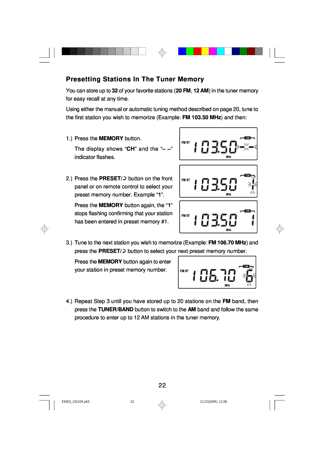 Emerson ES920 owner manual Presetting Stations In The Tuner Memory 