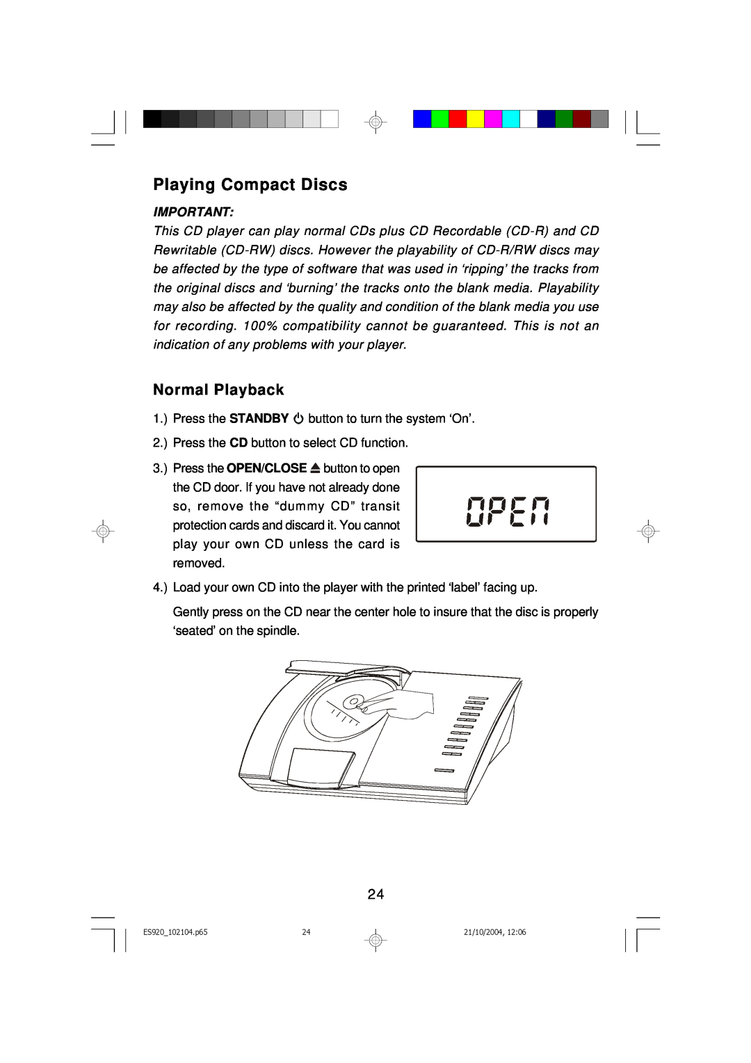 Emerson ES920 owner manual Playing Compact Discs, Normal Playback 
