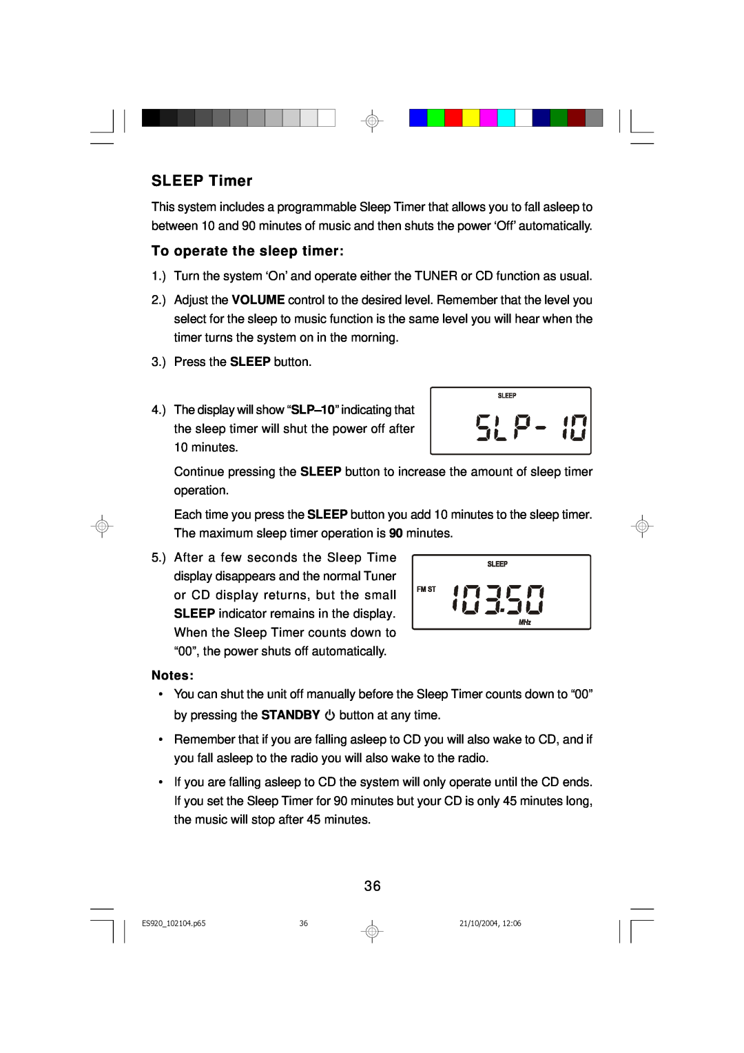 Emerson ES920 owner manual SLEEP Timer, To operate the sleep timer 