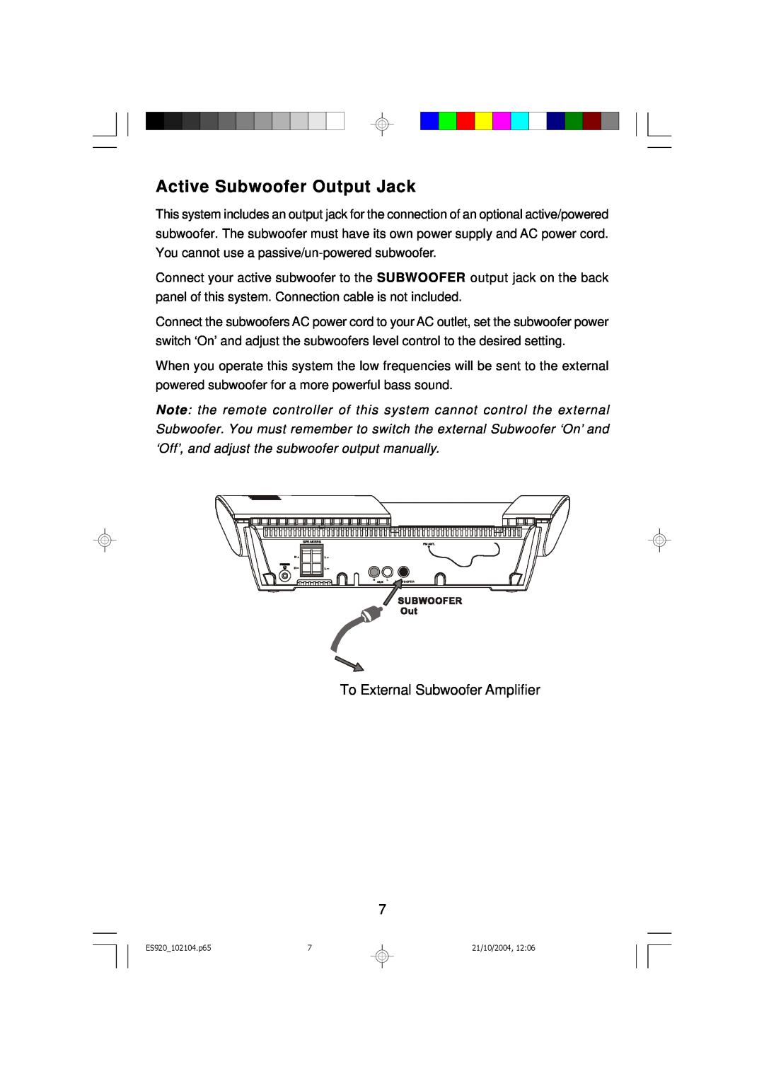 Emerson ES920 owner manual Active Subwoofer Output Jack, To External Subwoofer Amplifier 