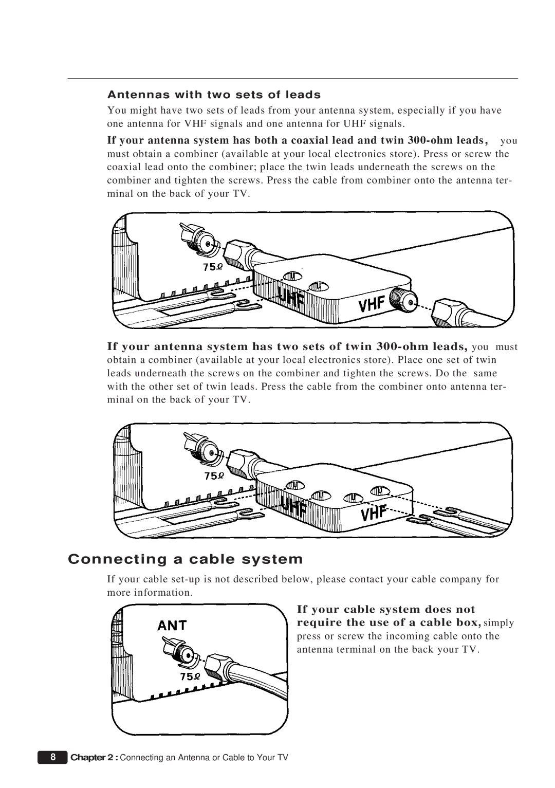 Emerson ET 13P2, ET 19P2 instruction manual Connecting a cable system, Antennas with two sets of leads 