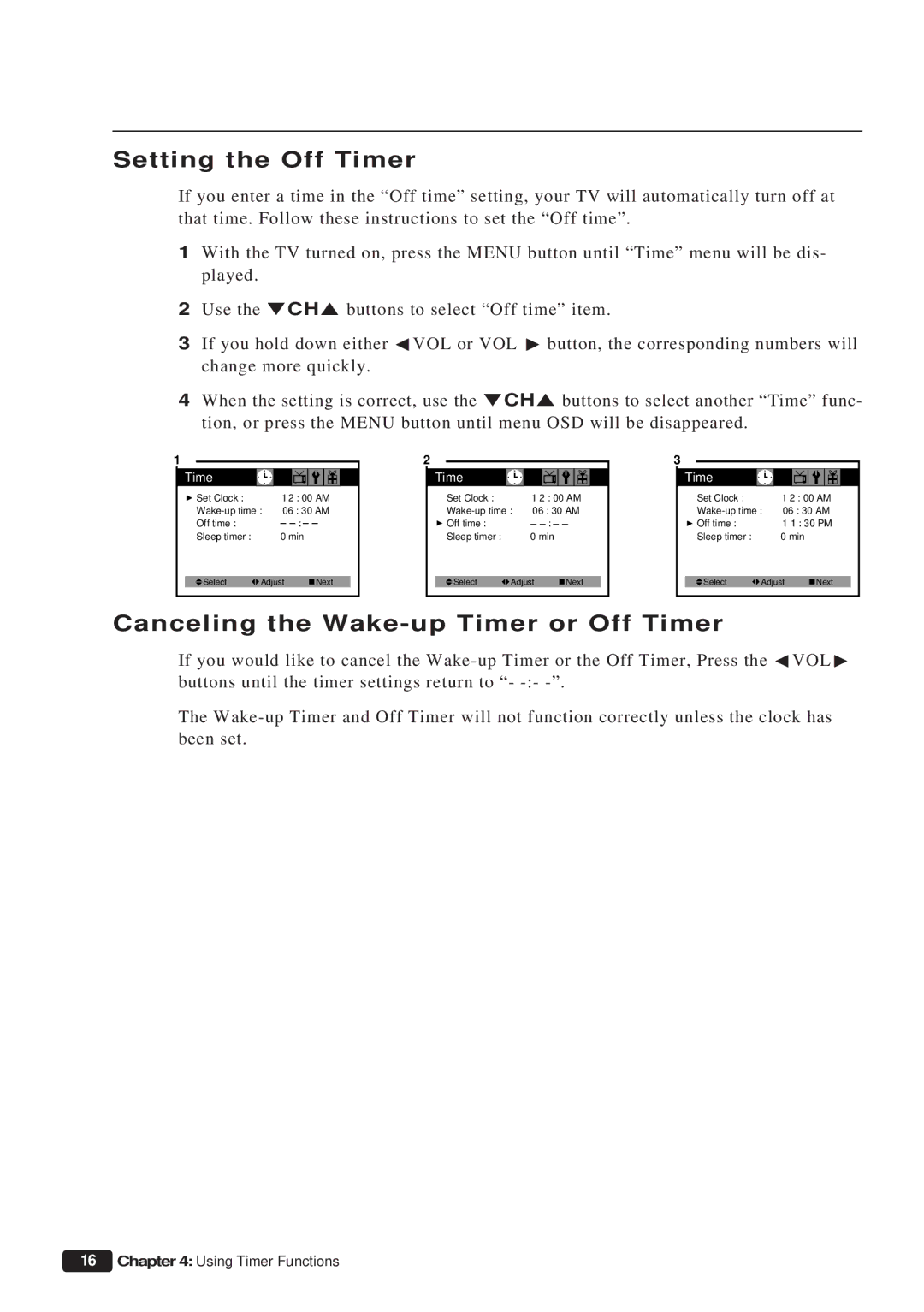 Emerson ET 13P2, ET 19P2 instruction manual Setting the Off Timer, Canceling the Wake-up Timer or Off Timer 