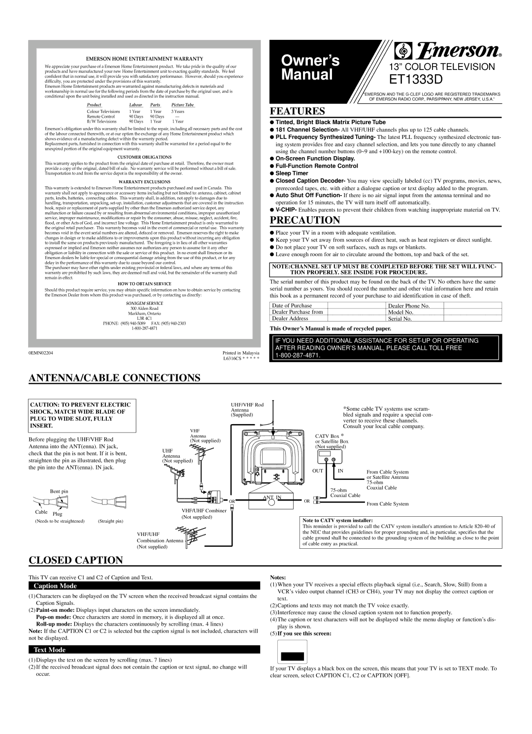 Emerson ET1333D owner manual Owner’s, Manual 