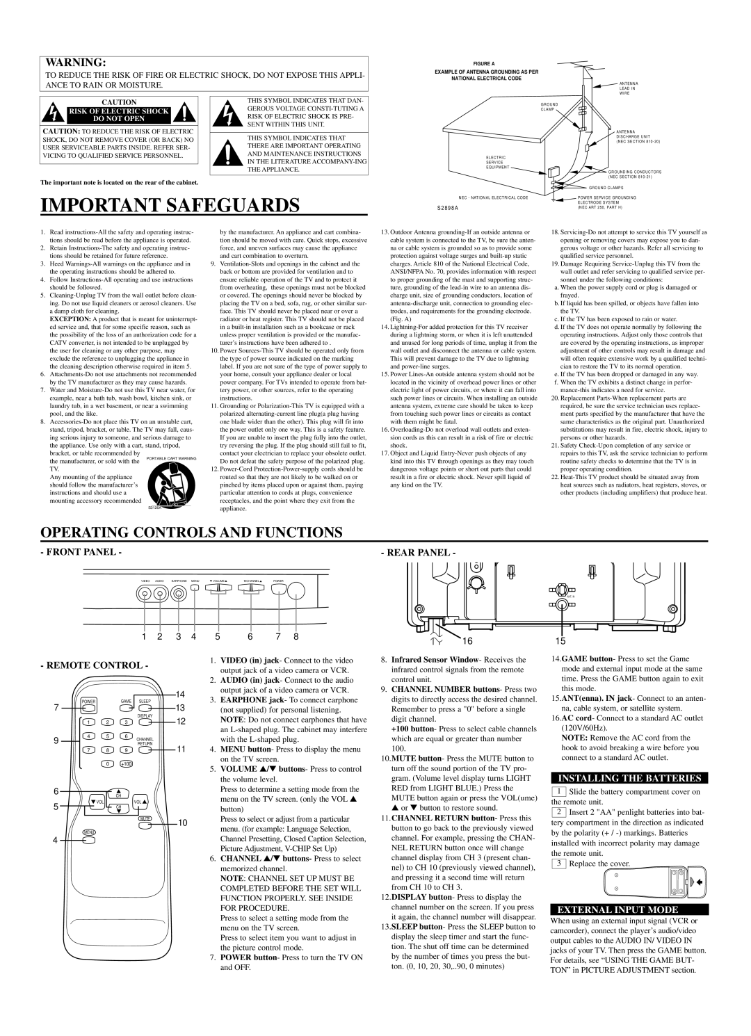 Emerson ET1333D Important Safeguards, Operating Controls and Functions, Installing the Batteries, External Input Mode 