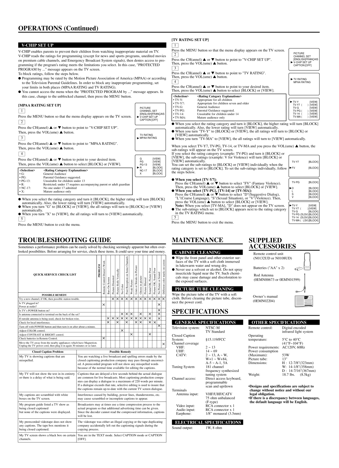 Emerson ET1333D owner manual Operations, Troubleshooting Guide, Maintenance, Supplied Accessories, Specifications 