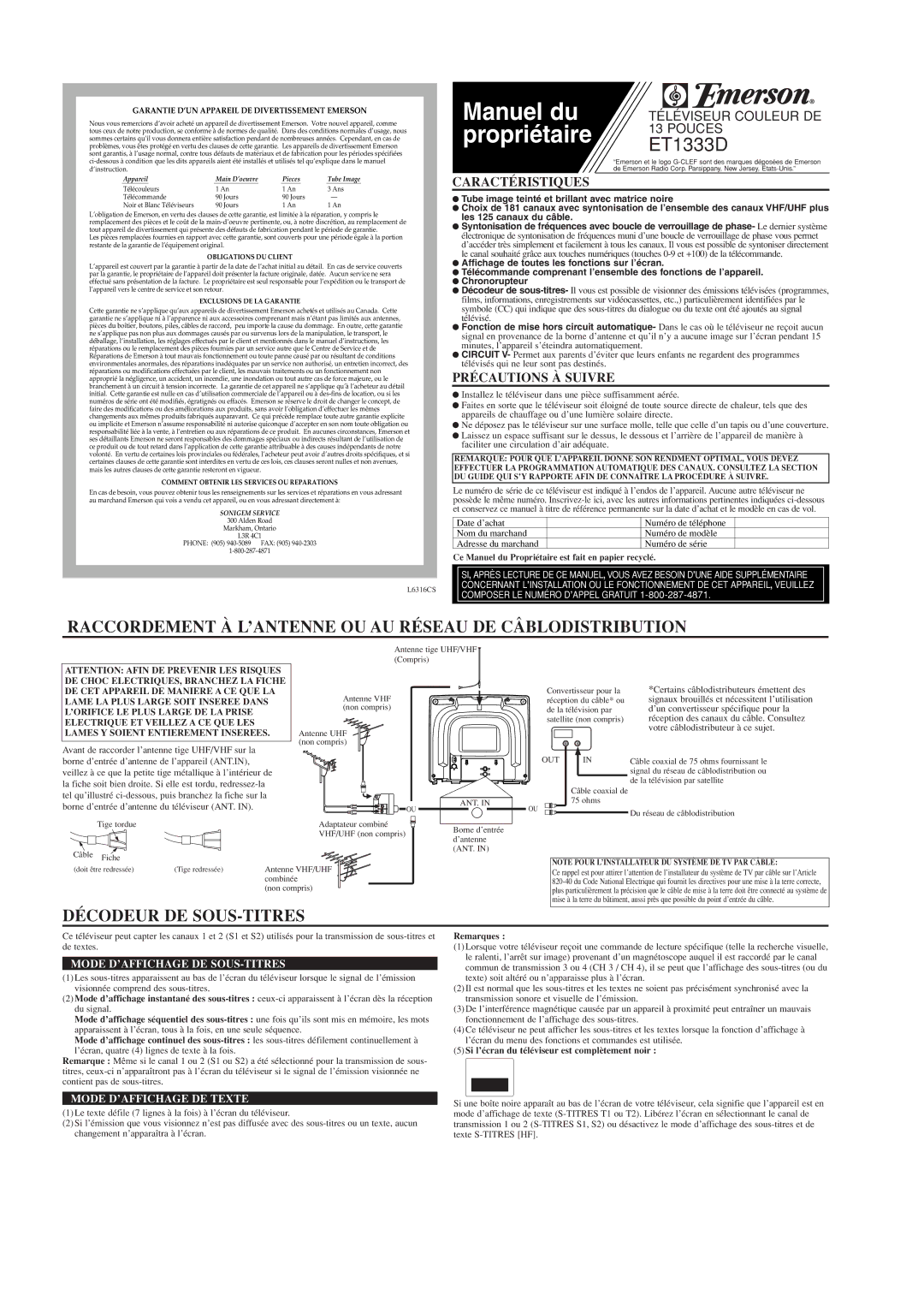 Emerson ET1333D owner manual Manuel du, Propriétaire, Raccordement À L’ANTENNE OU AU Réseau DE Câblodistribution 