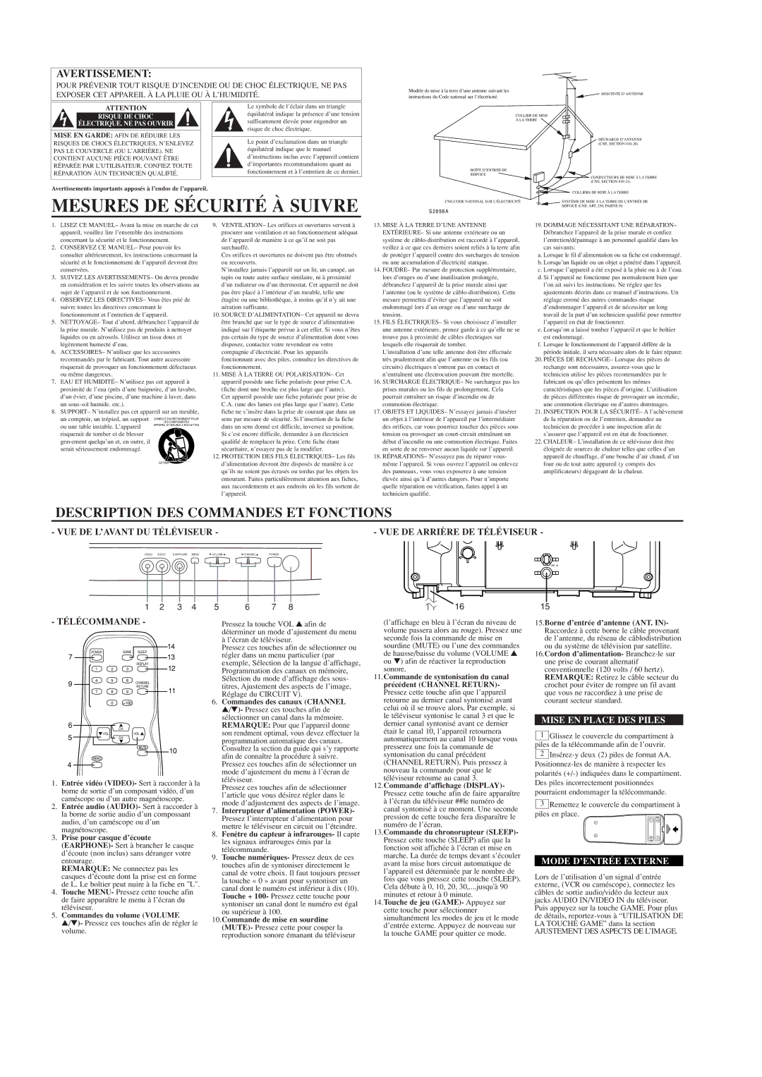 Emerson ET1333D Mesures DE Sécurité À Suivre, Description DES Commandes ET Fonctions, Avertissement, Mode D’ENTRÉE Externe 