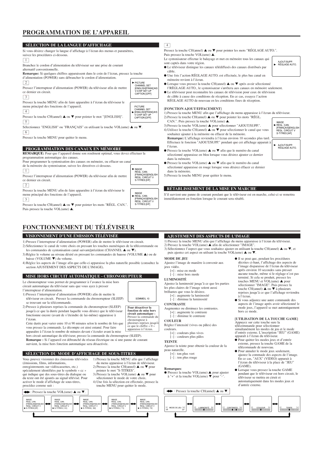 Emerson ET1333D owner manual Programmation DE L’APPAREIL, Fonctionnement DU Téléviseur 