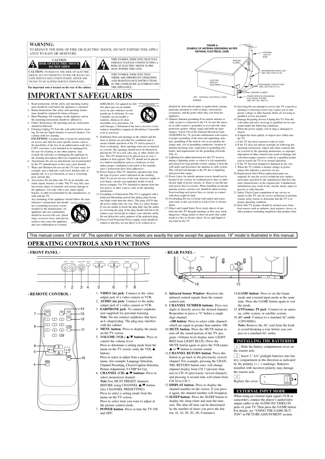 Emerson ET1333E, ET1933E owner manual Operating Controls and Functions, Installing the Batteries, External Input Mode 