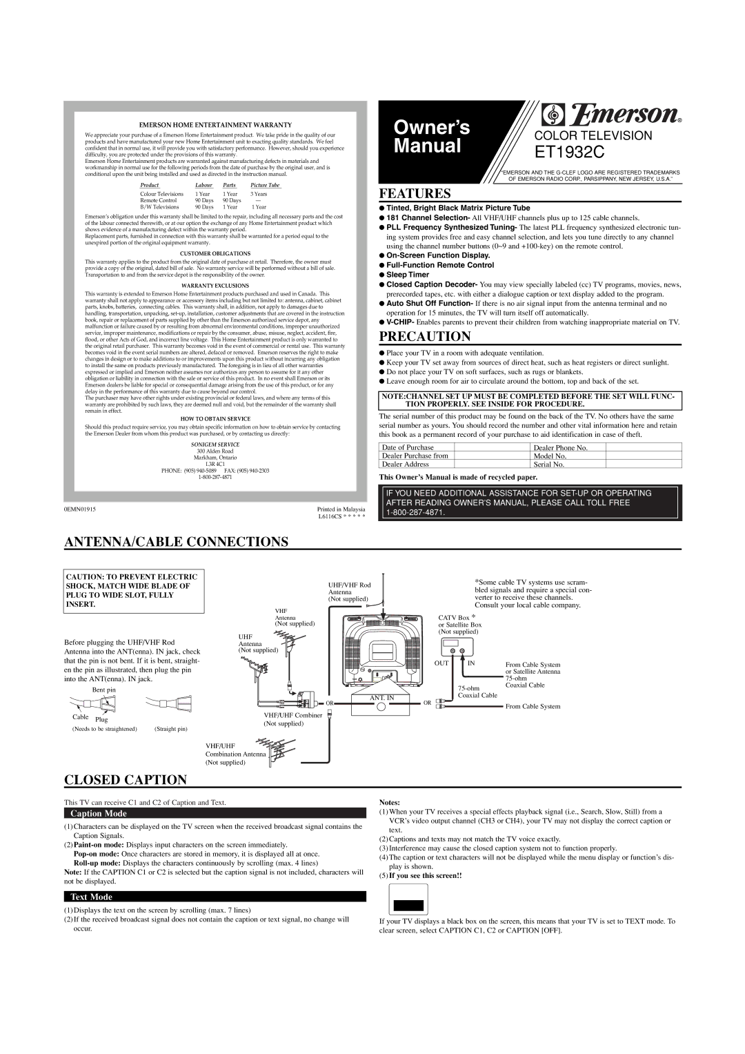 Emerson ET1932C owner manual Owner’s, Manual 