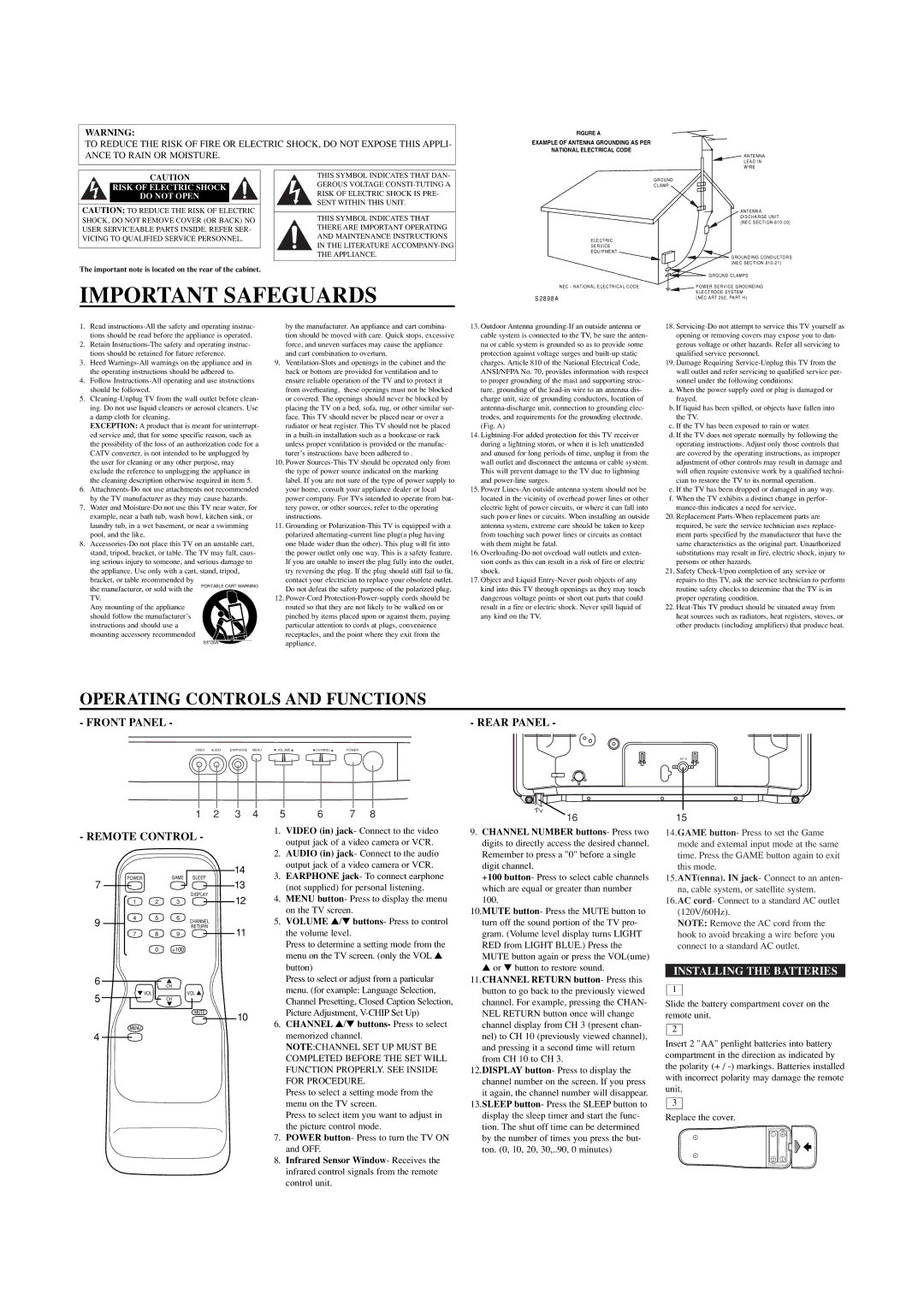 Emerson ET1932C owner manual Important Safeguards, Operating Controls and Functions, Front Panel Rear Panel, Remote Control 