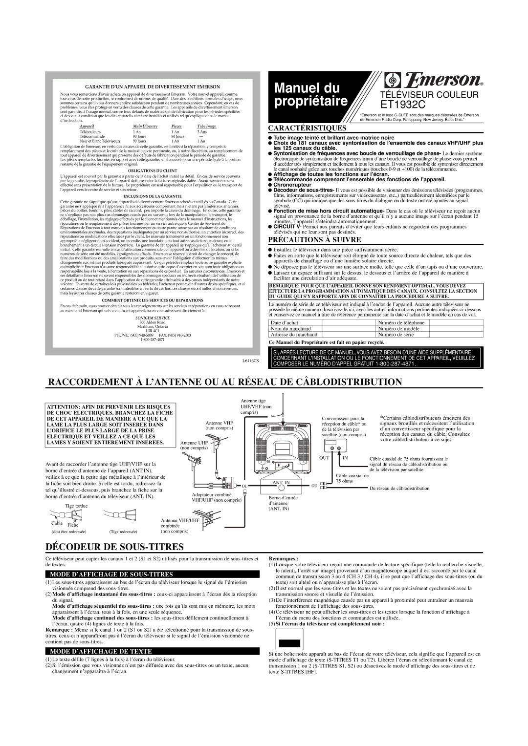 Emerson owner manual Manuel du, Propriétaire ET1932C, Raccordement À L’ANTENNE OU AU Réseau DE Câblodistribution 