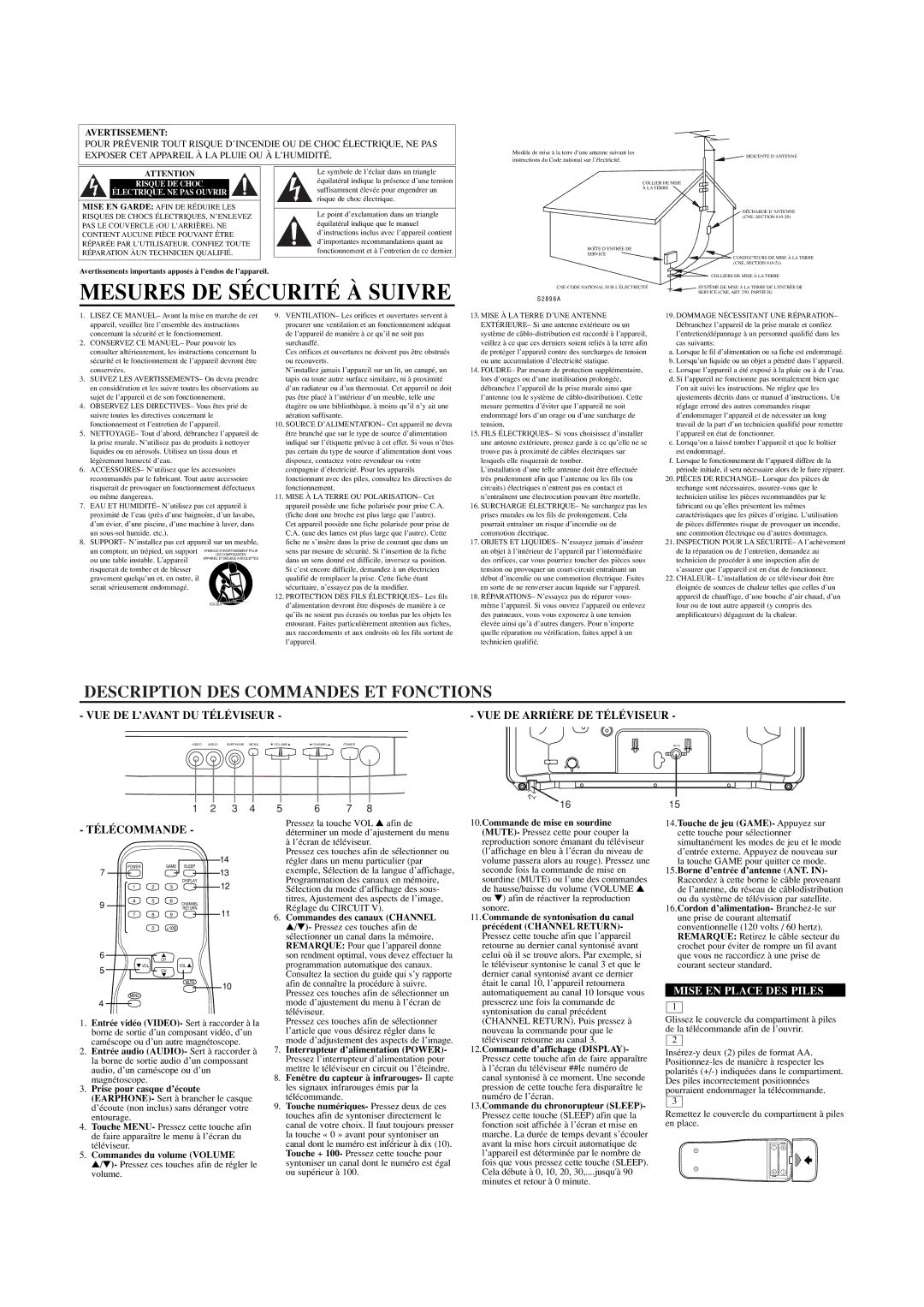 Emerson ET1932C owner manual Mesures DE Sécurité À Suivre, Description DES Commandes ET Fonctions, Télécommande 