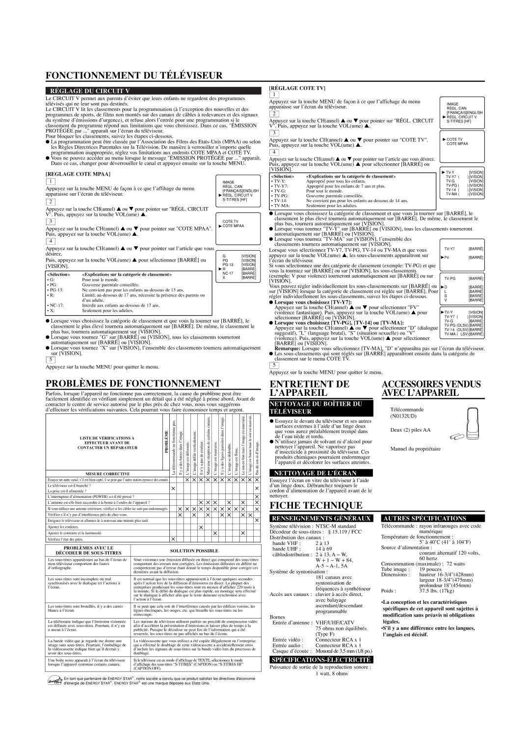 Emerson ET1932C owner manual Problèmes DE Fonctionnement, Entretient DE L’APPAREIL, Fiche Technique 