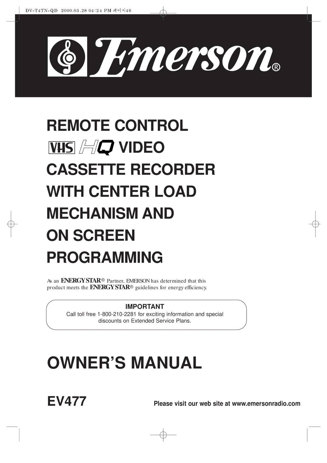 Emerson EV477 owner manual Remote Control 