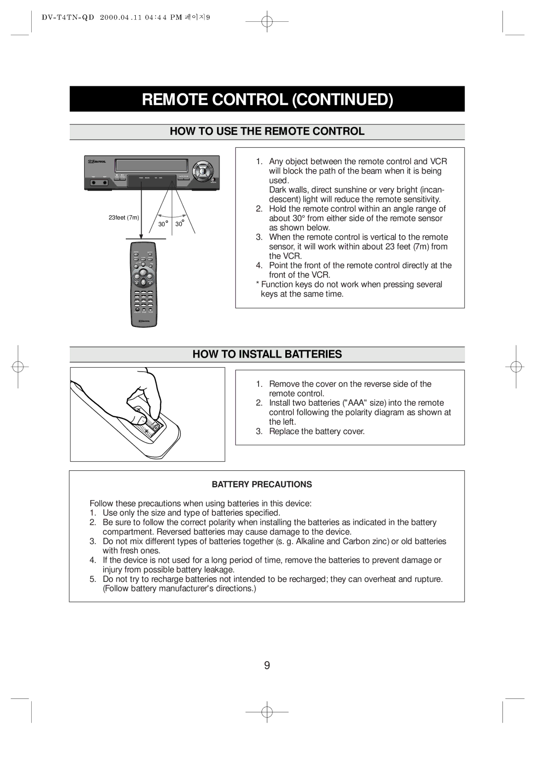 Emerson EV477 owner manual HOW to USE the Remote Control, HOW to Install Batteries, Battery Precautions 