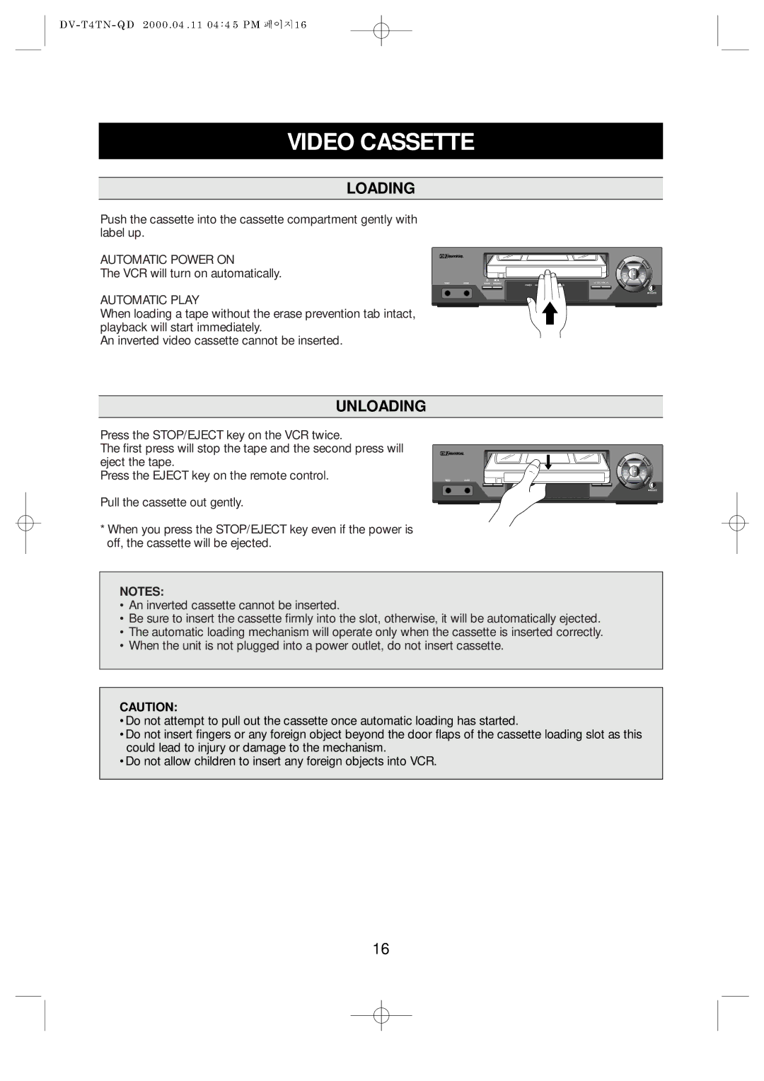 Emerson EV477 owner manual Video Cassette, Loading, Unloading, VCR will turn on automatically 