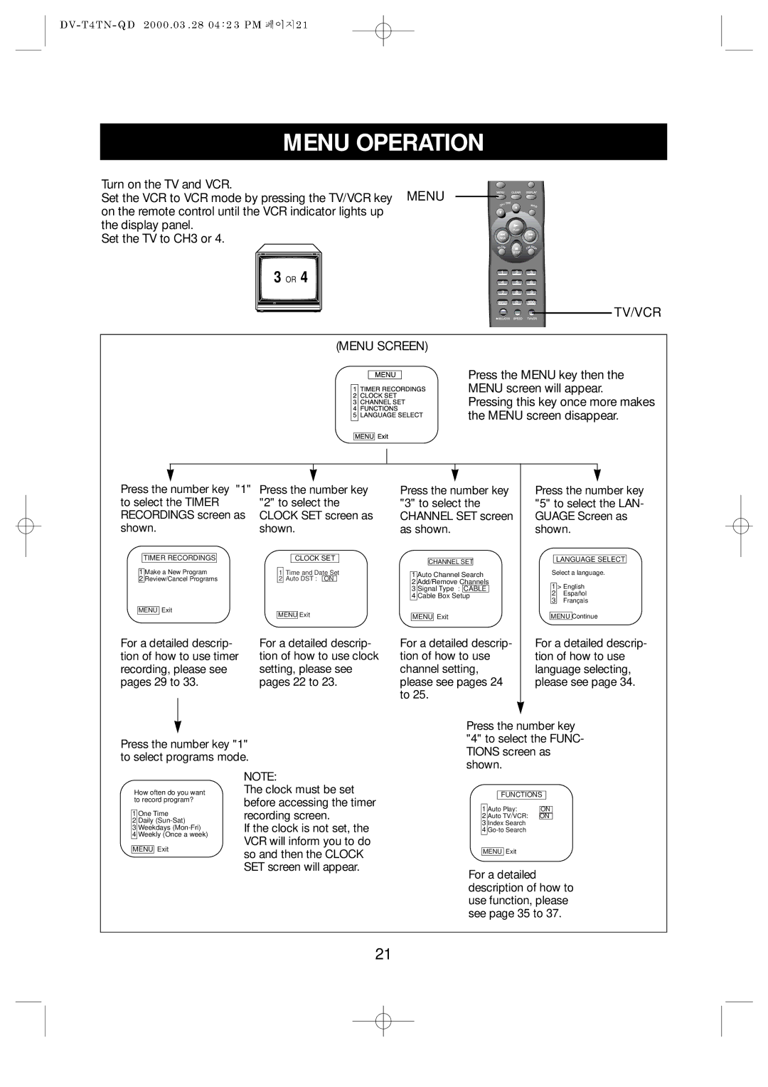 Emerson EV477 owner manual Menu Operation, TV/VCR Menu Screen 