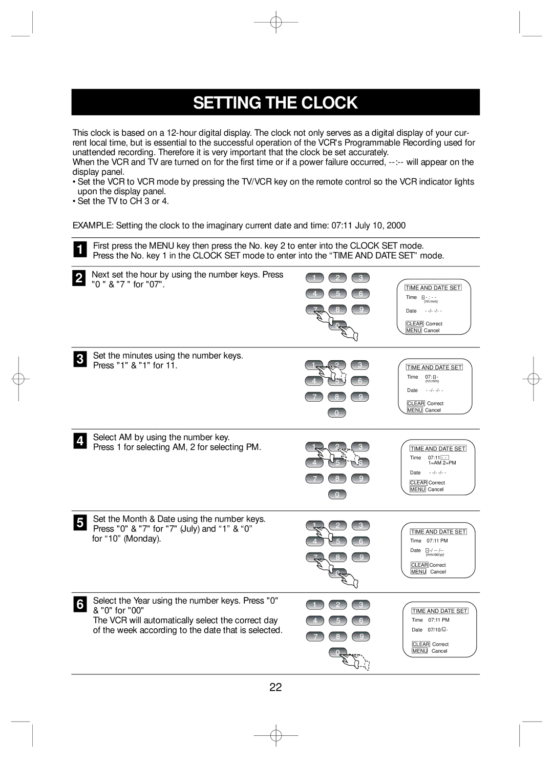 Emerson EV477 owner manual Setting the Clock 