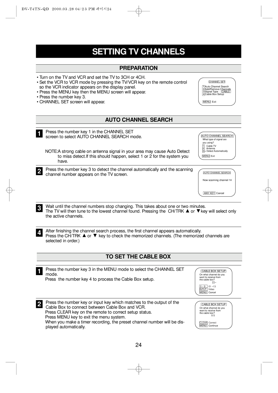 Emerson EV477 owner manual Setting TV Channels, Auto Channel Search, To SET the Cable BOX 