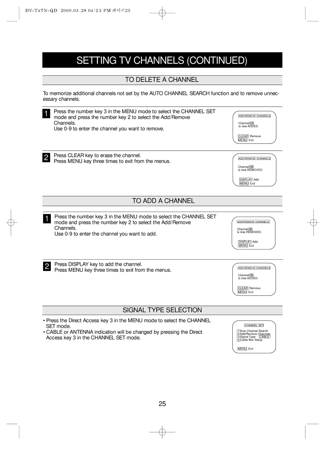 Emerson EV477 owner manual To Delete a Channel, To ADD a Channel, Signal Type Selection 