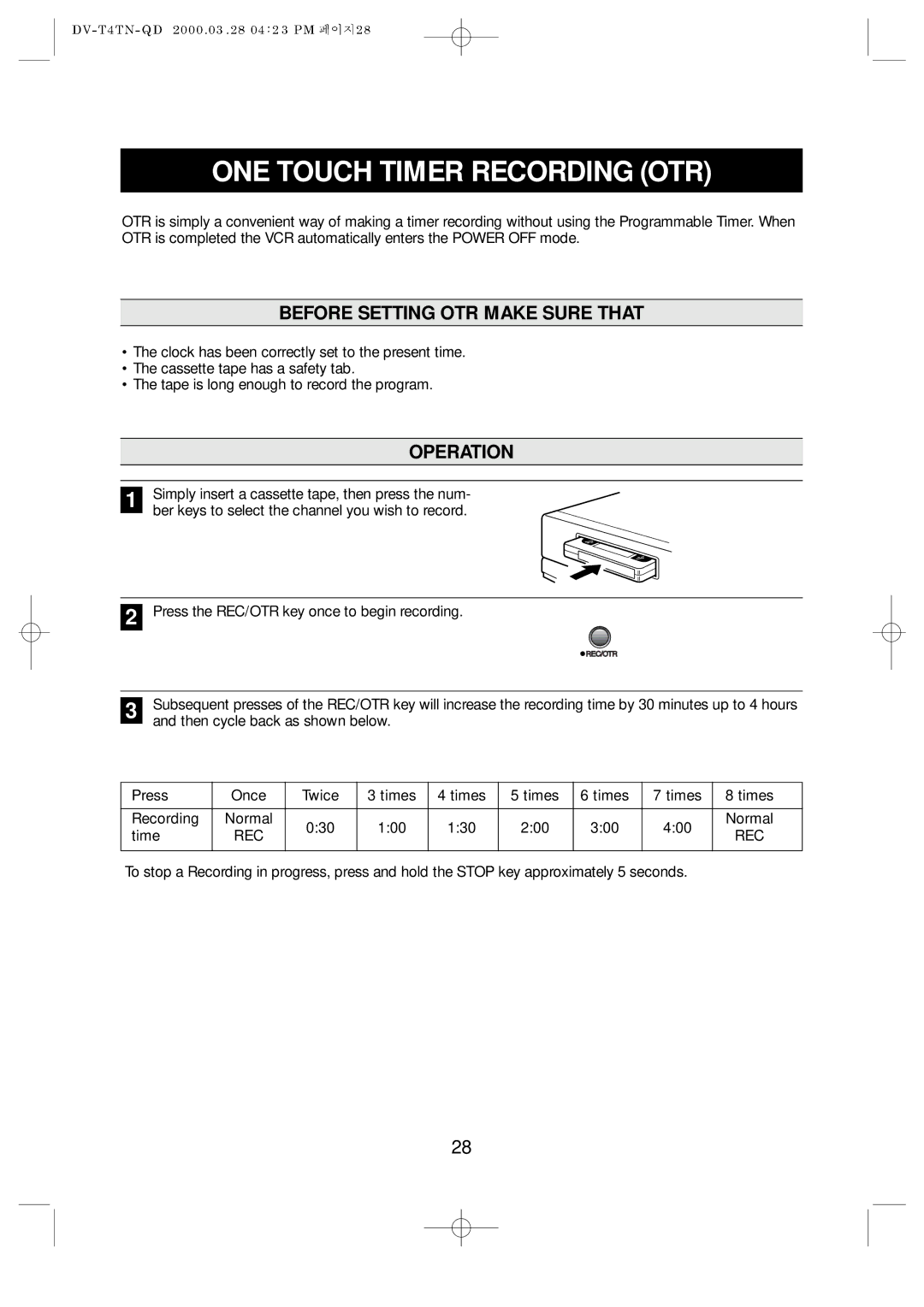 Emerson EV477 owner manual ONE Touch Timer Recording OTR, Before Setting OTR Make Sure That, Operation 