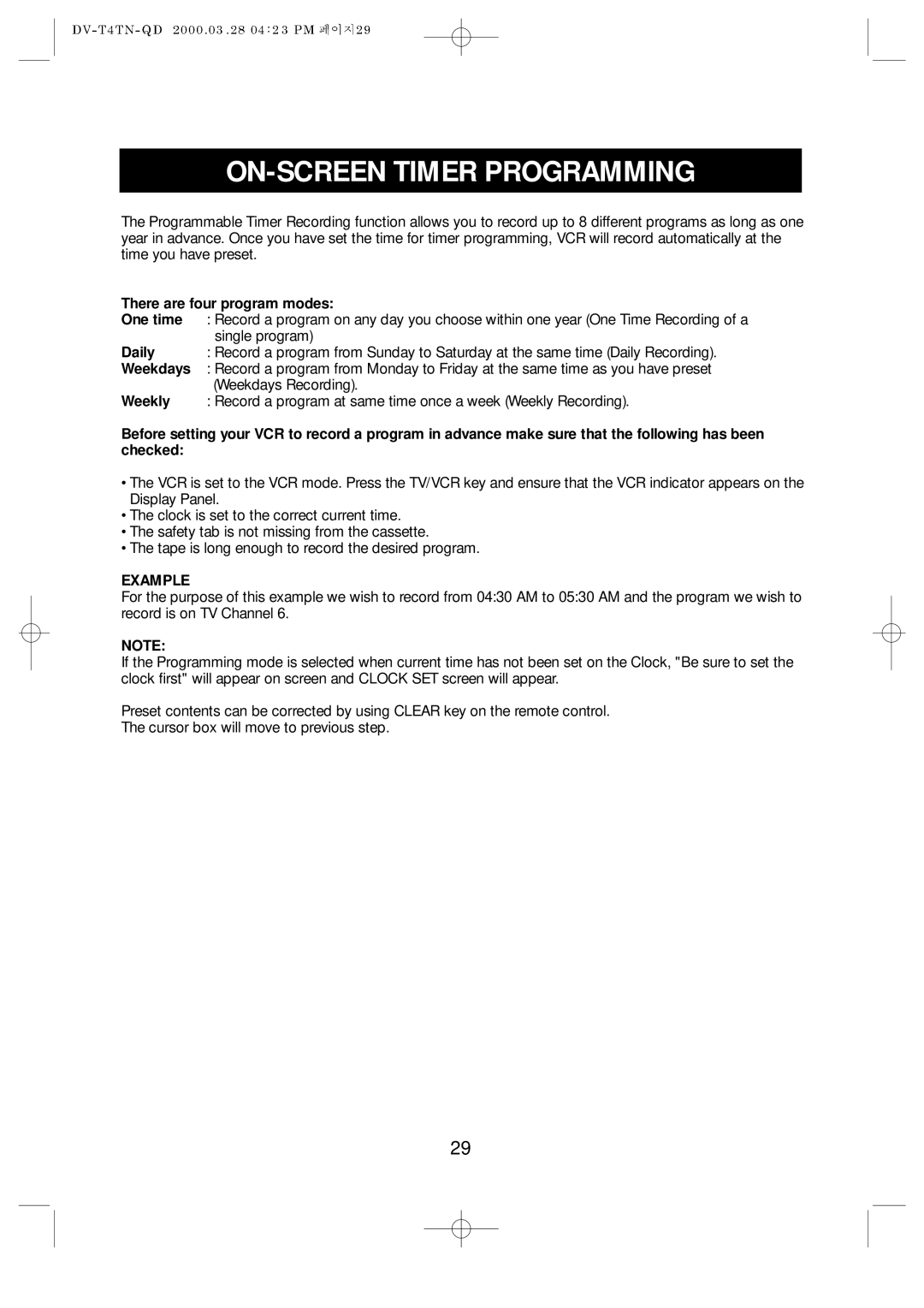 Emerson EV477 owner manual ON-SCREEN Timer Programming, Tape is long enough to record the desired program, Example 