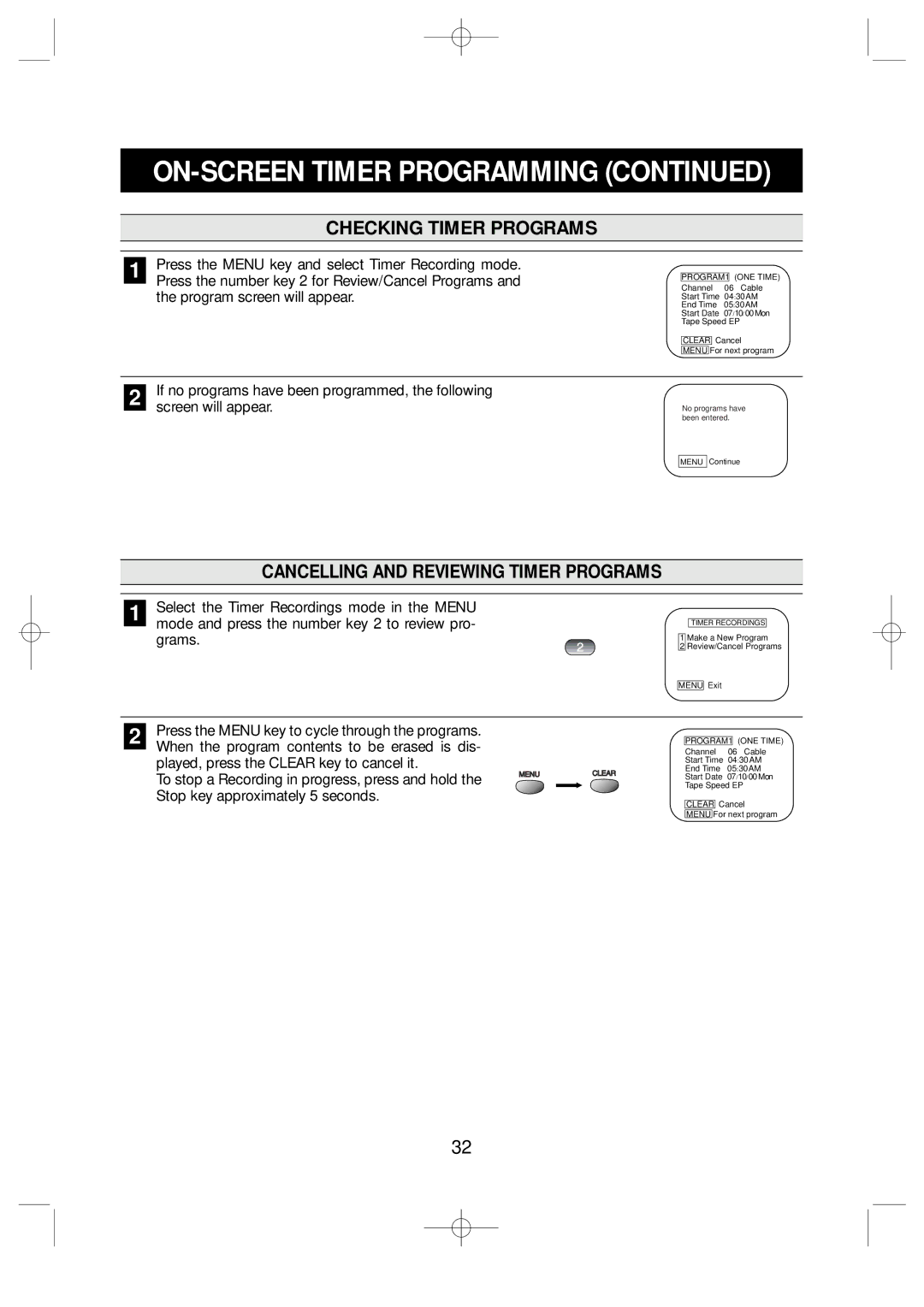 Emerson EV477 owner manual Checking Timer Programs, Cancelling and Reviewing Timer Programs, Program screen will appear 