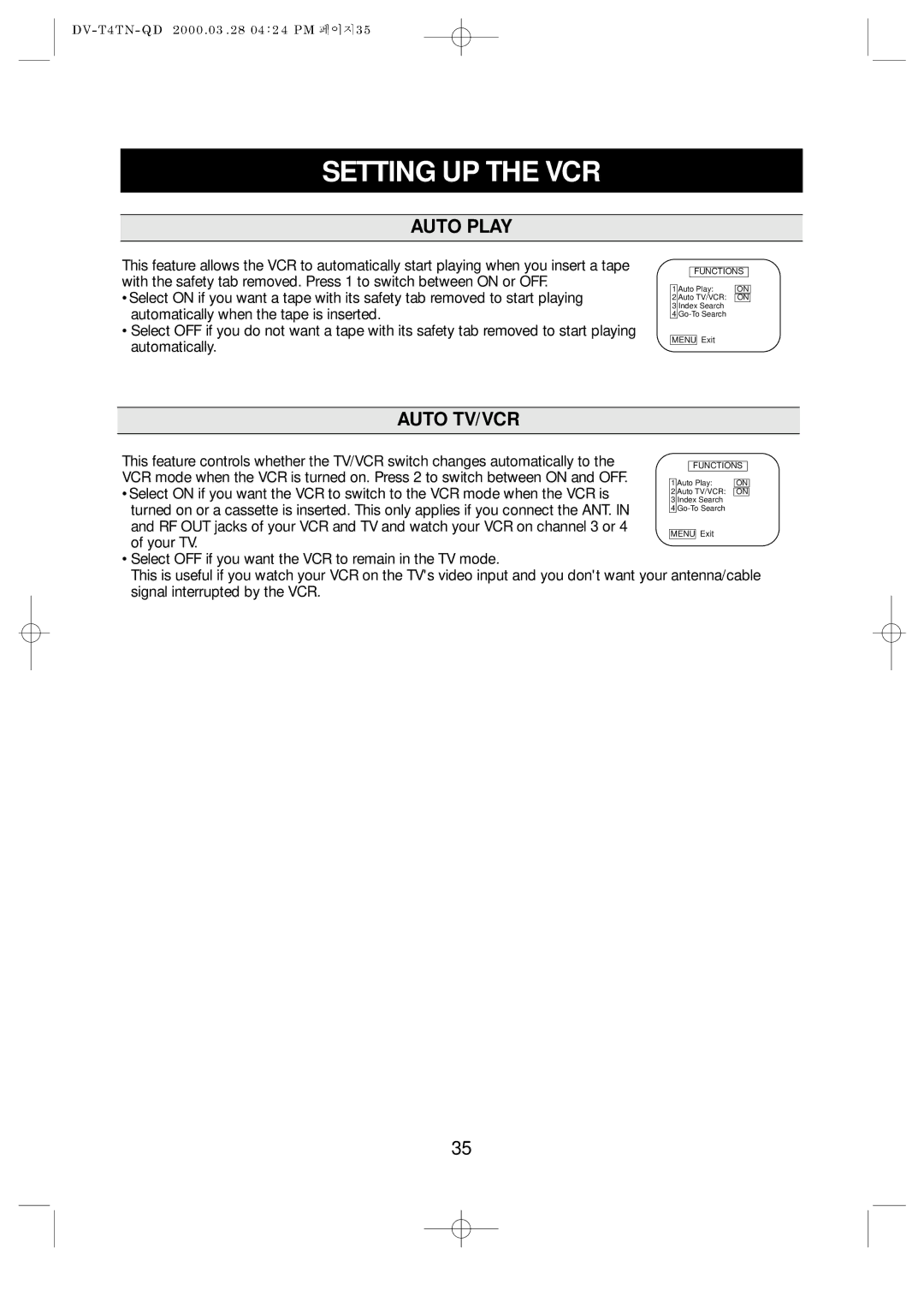 Emerson EV477 owner manual Setting UP the VCR, Auto Play, Auto TV/VCR 