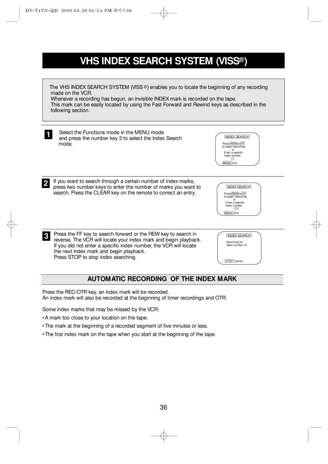 Emerson EV477 owner manual VHS Index Search System Viss, Automatic Recording of the Index Mark 