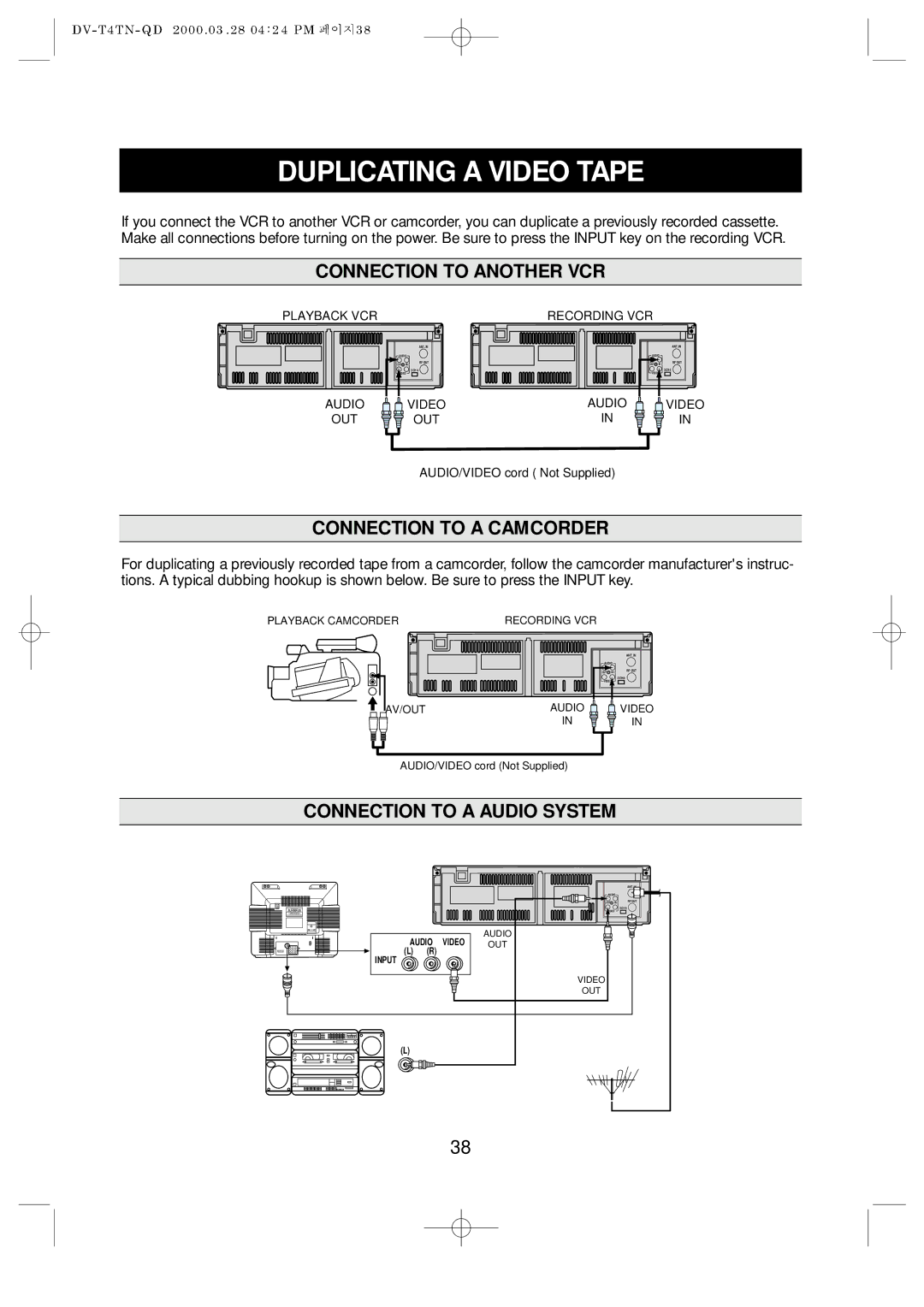 Emerson EV477 Duplicating a Video Tape, Connection to Another VCR, Connection to a Camcorder, Connection to a Audio System 