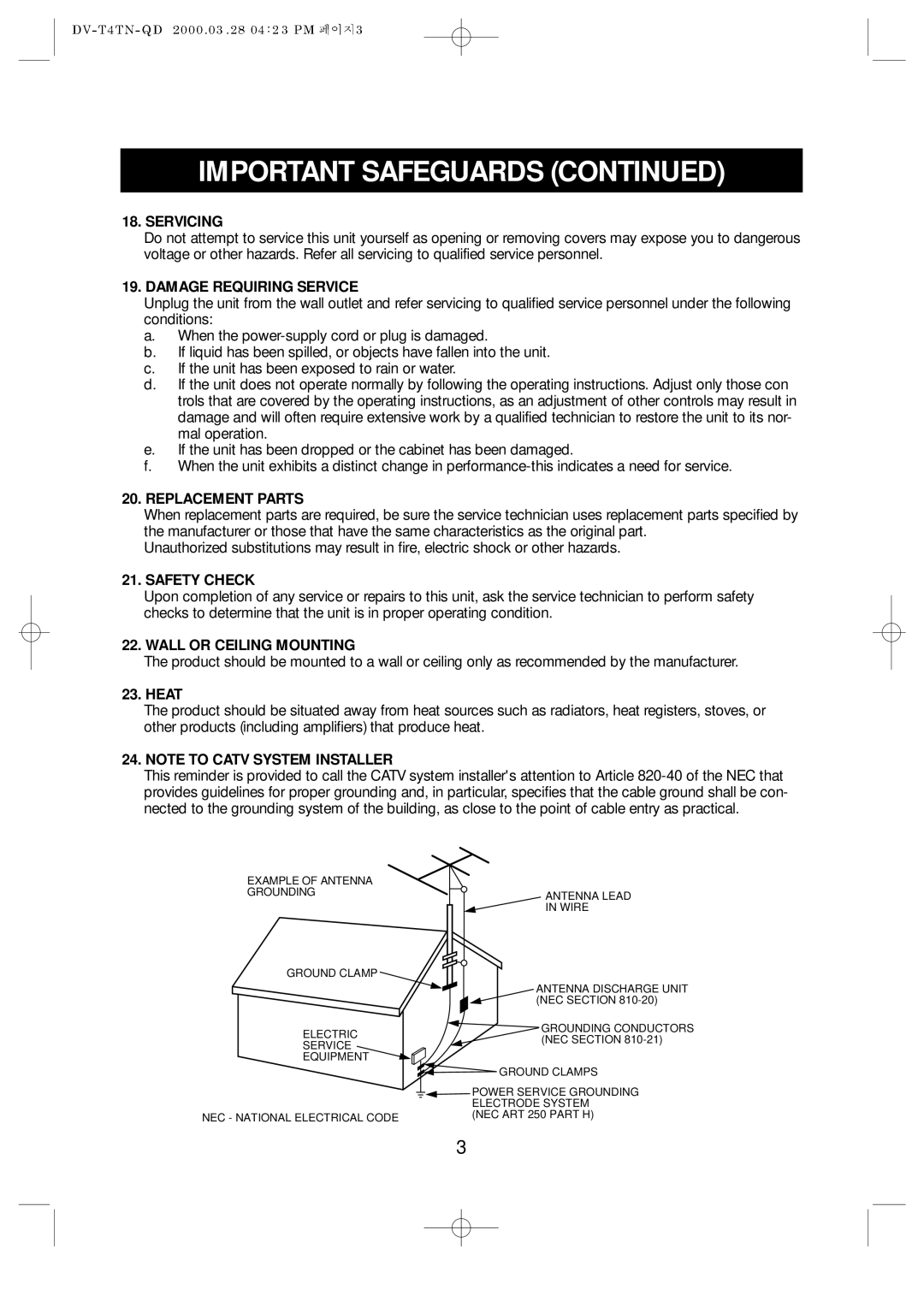 Emerson EV477 owner manual Servicing, Damage Requiring Service, Replacement Parts, Safety Check, Wall or Ceiling Mounting 