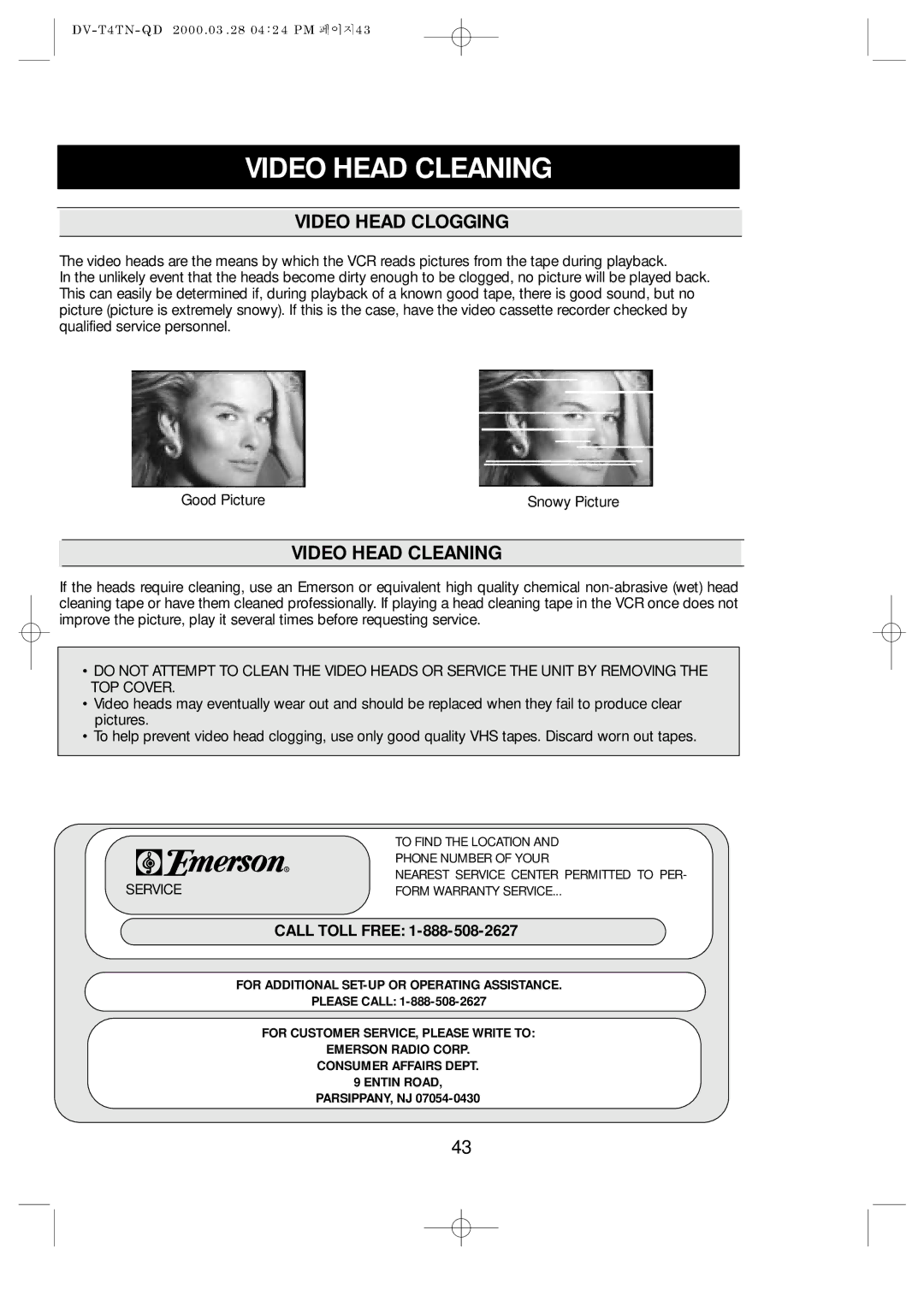 Emerson EV477 owner manual Video Head Cleaning, Video Head Clogging 