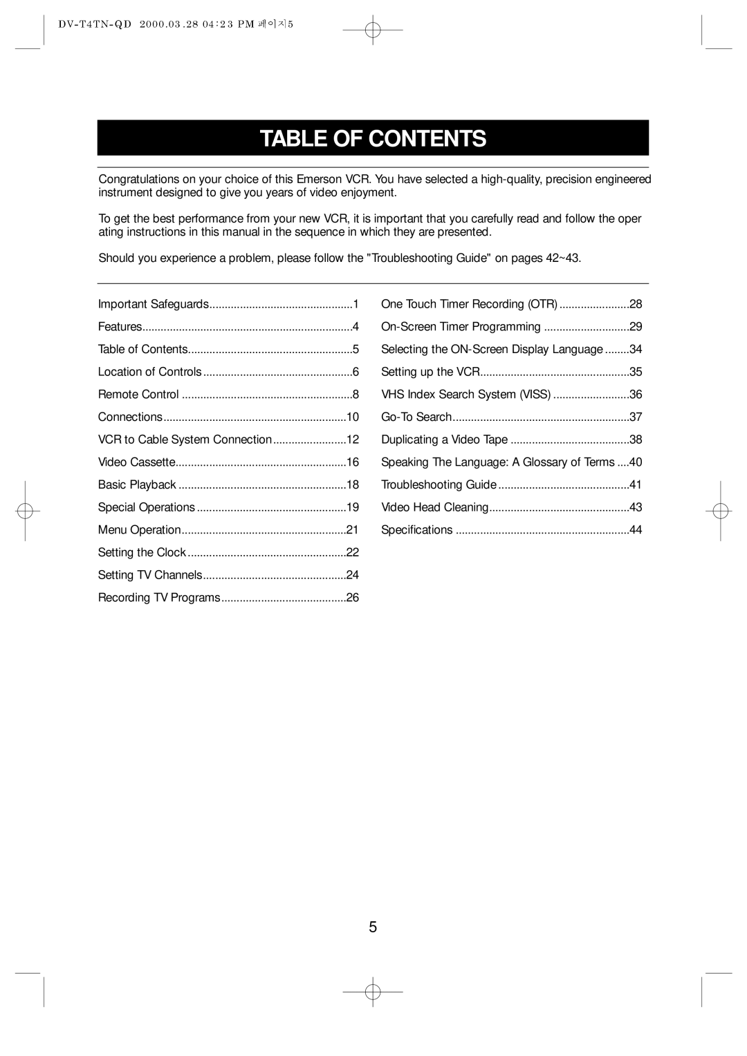 Emerson EV477 owner manual Table of Contents 