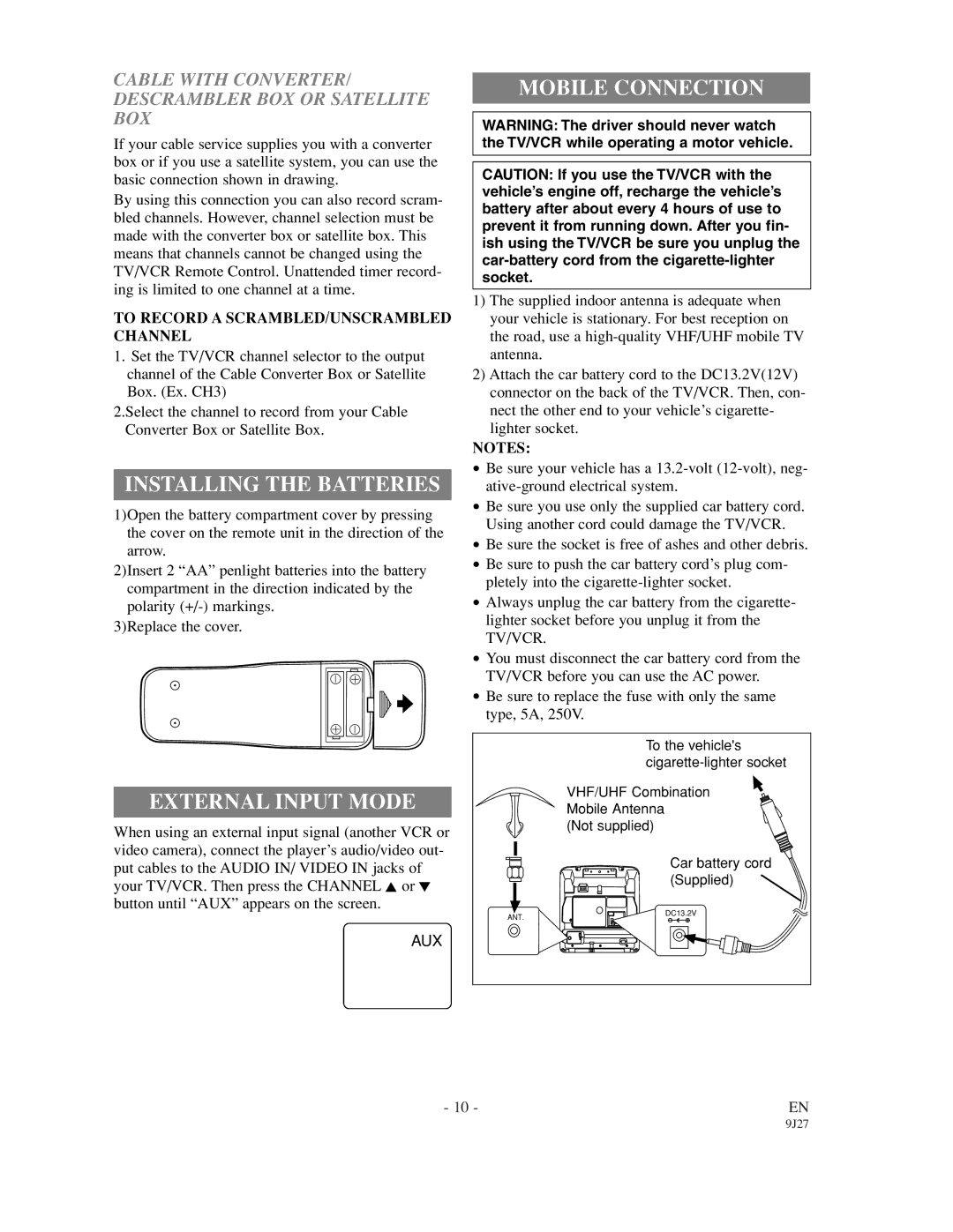 Emerson EWC0902 owner manual Installing the Batteries, External Input Mode, Mobile Connection 