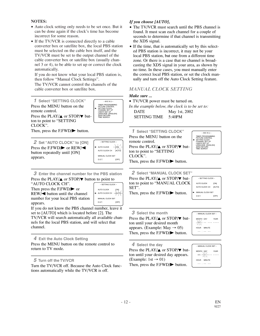 Emerson EWC0902 owner manual Manual Clock Setting 