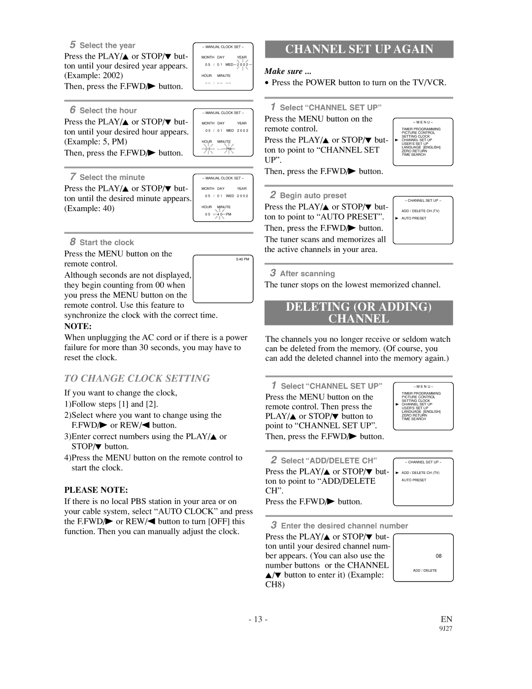 Emerson EWC0902 owner manual Channel SET UP Again, Deleting or Adding Channel, To Change Clock Setting, Please Note 