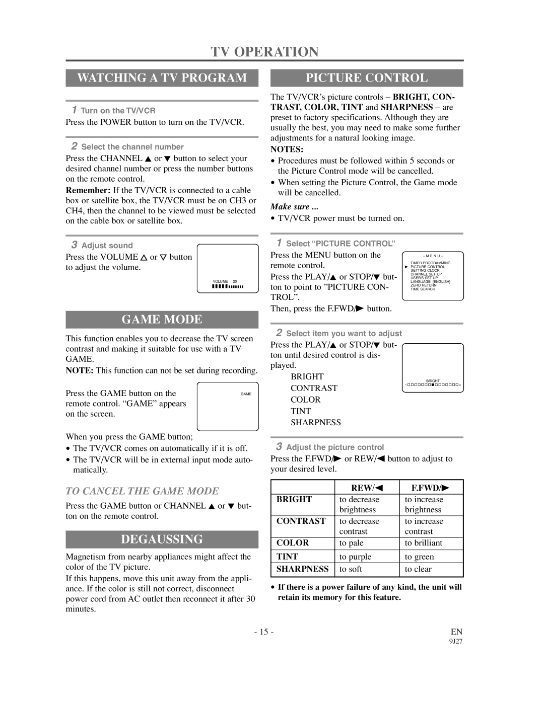 Emerson EWC0902 owner manual TV Operation, Watching a TV Program, Picture Control, Game Mode, Degaussing 