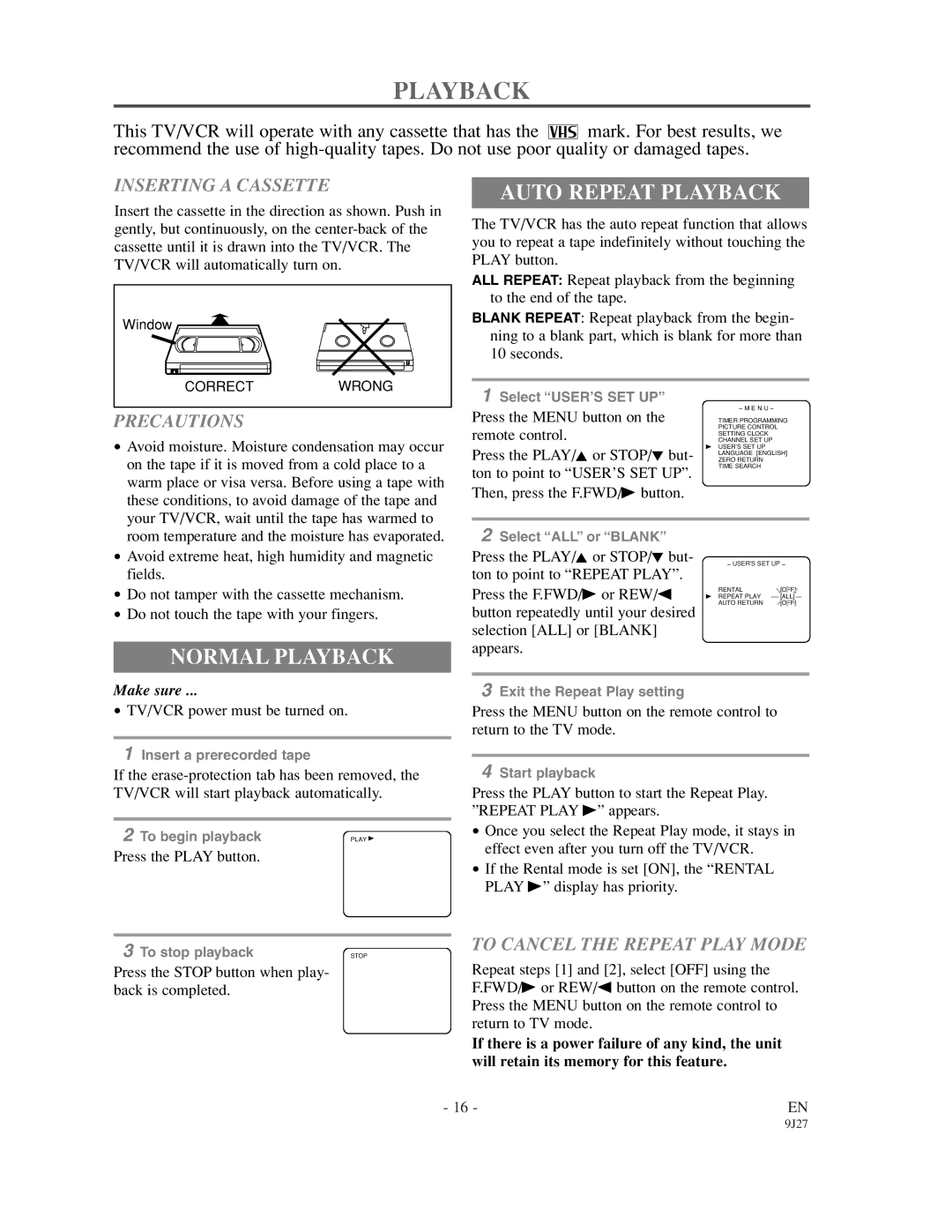 Emerson EWC0902 owner manual Auto Repeat Playback, Normal Playback 