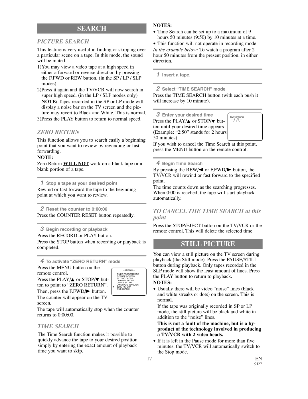 Emerson EWC0902 owner manual Still Picture, Picture Search, Zero Return, Time Search 