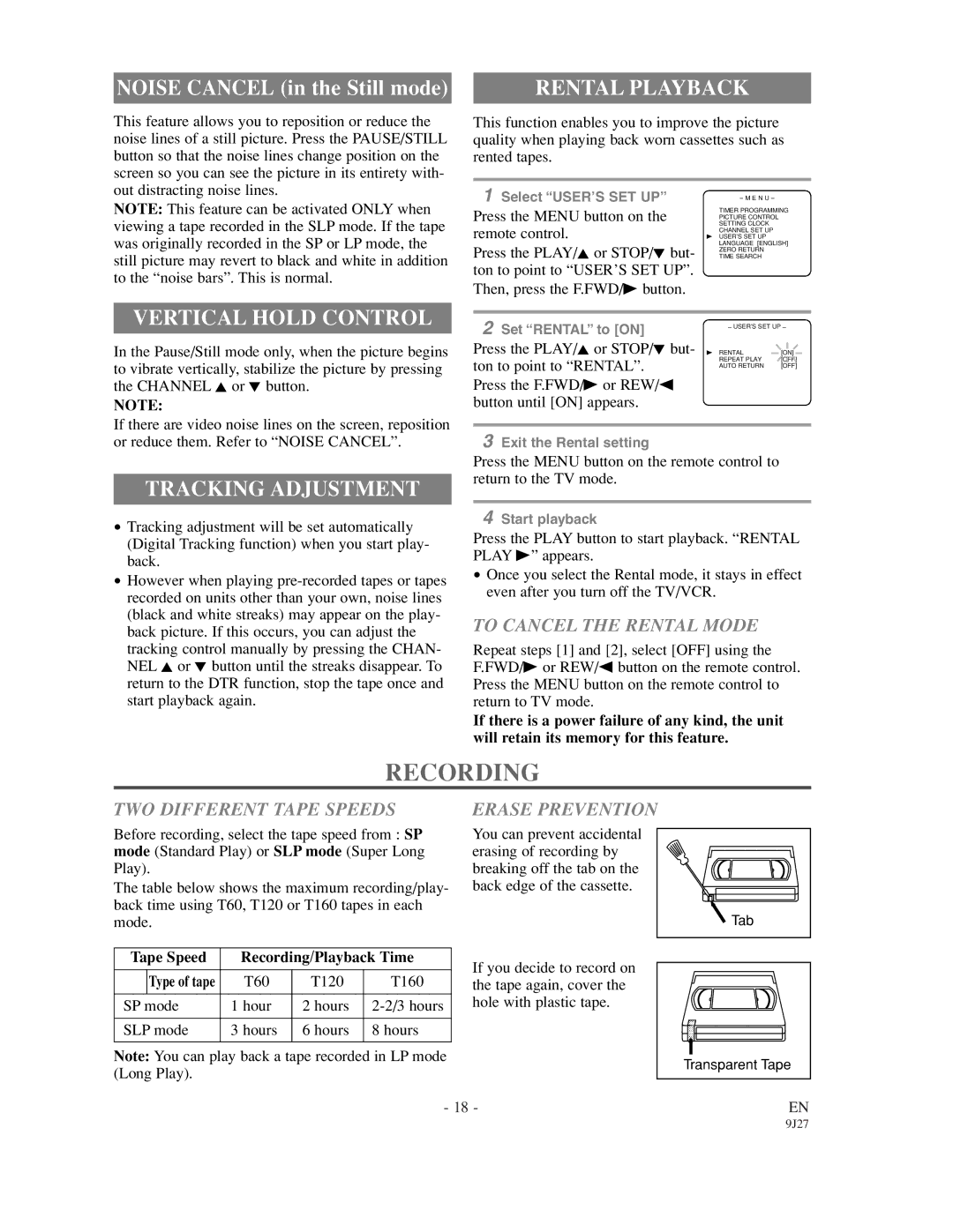 Emerson EWC0902 owner manual Recording, Vertical Hold Control, Tracking Adjustment, To Cancel the Rental Mode 