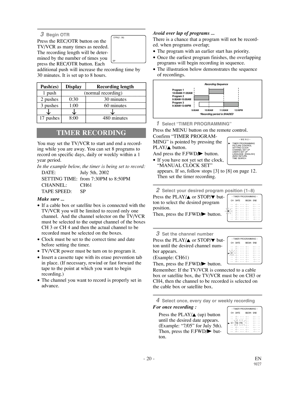 Emerson EWC0902 owner manual Timer Recording, Channel CH61 Tape Speed SP, Manual Clock SET 